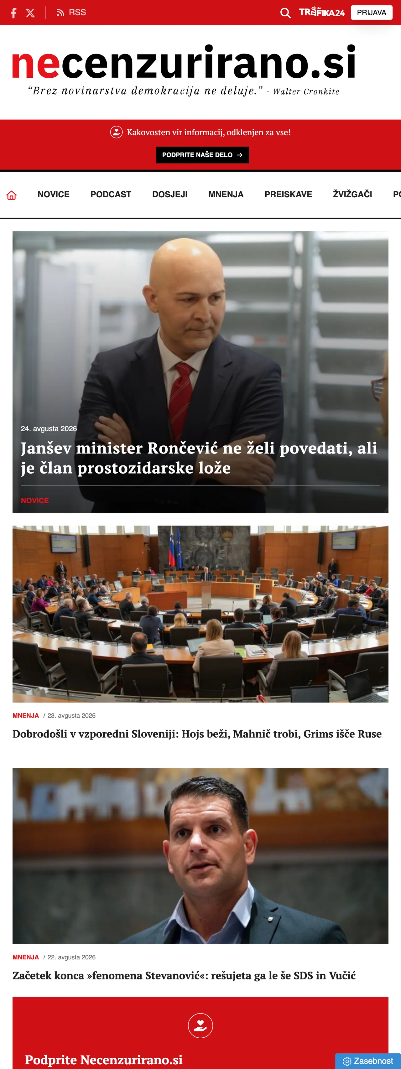 Screenshot of the Necenzurirano front page