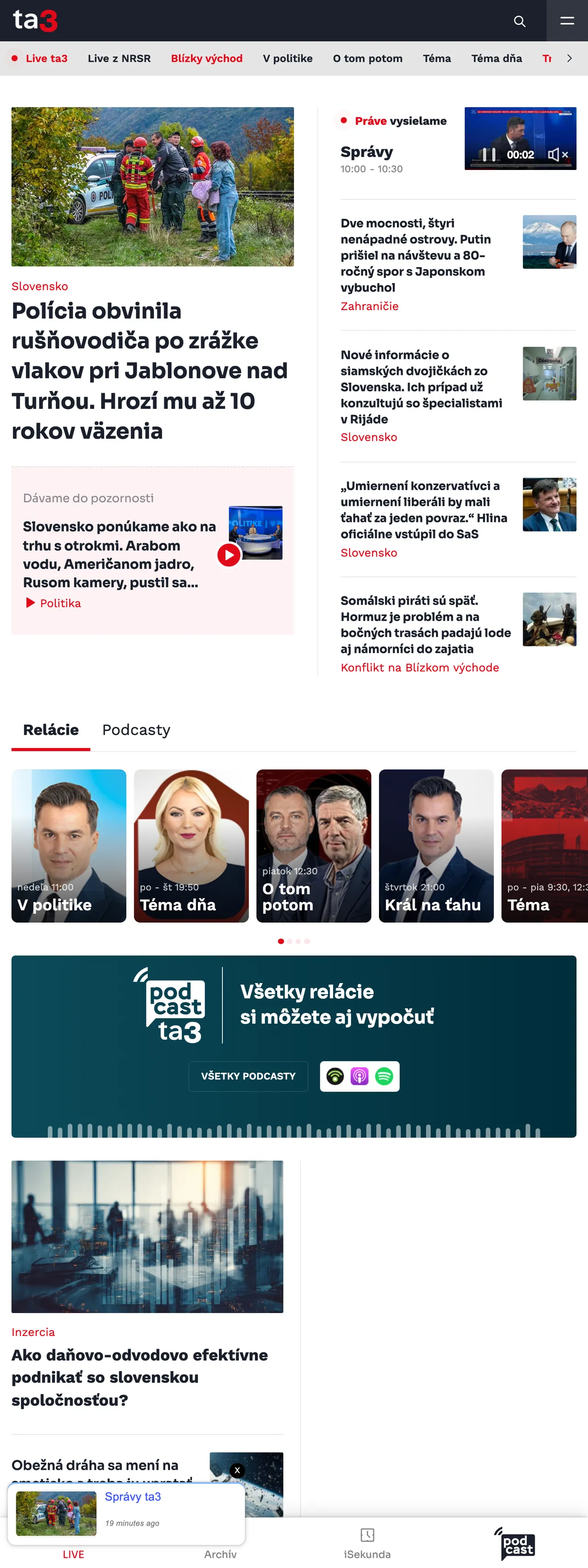 Screenshot of the TA3 front page