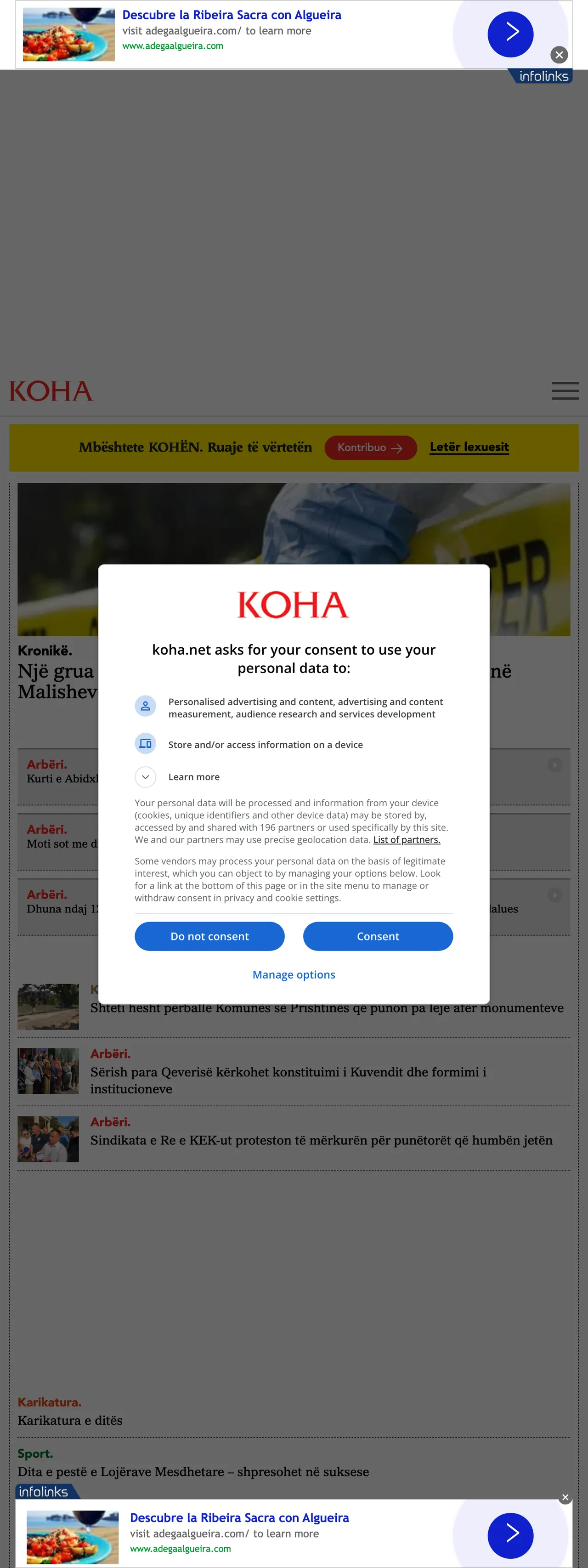 Screenshot of the Koha Ditore front page