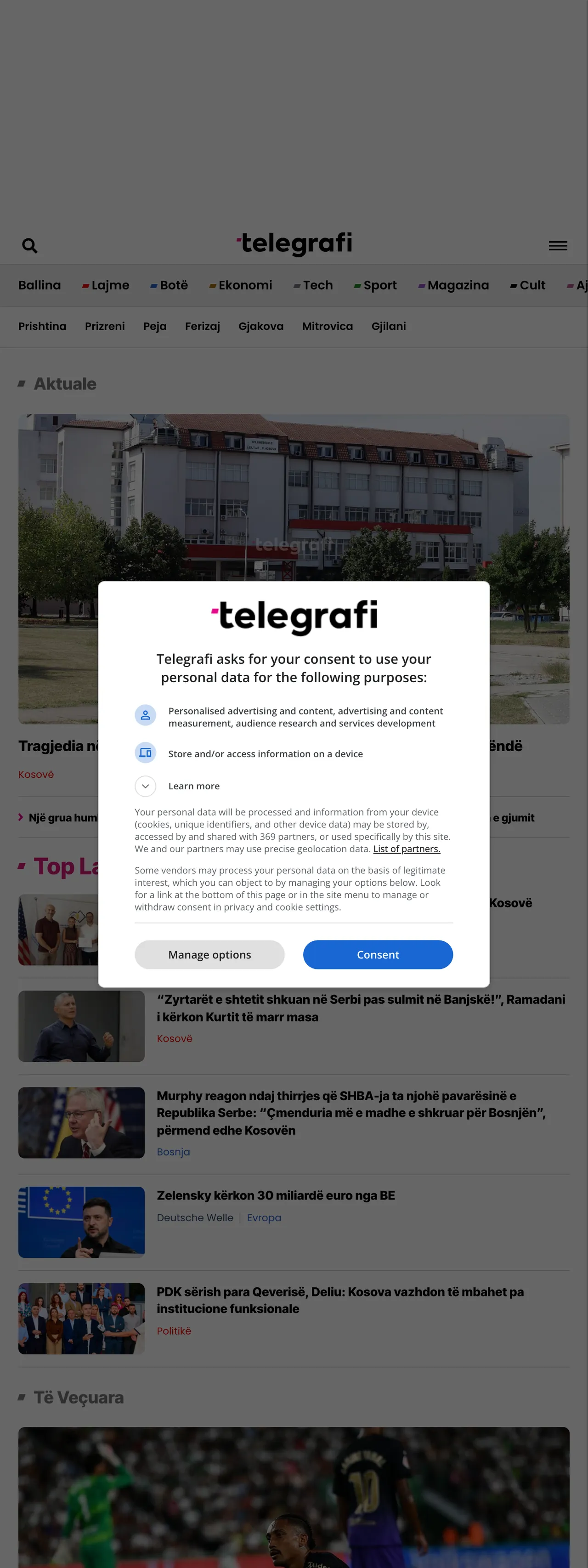 Screenshot of the Telegrafi front page