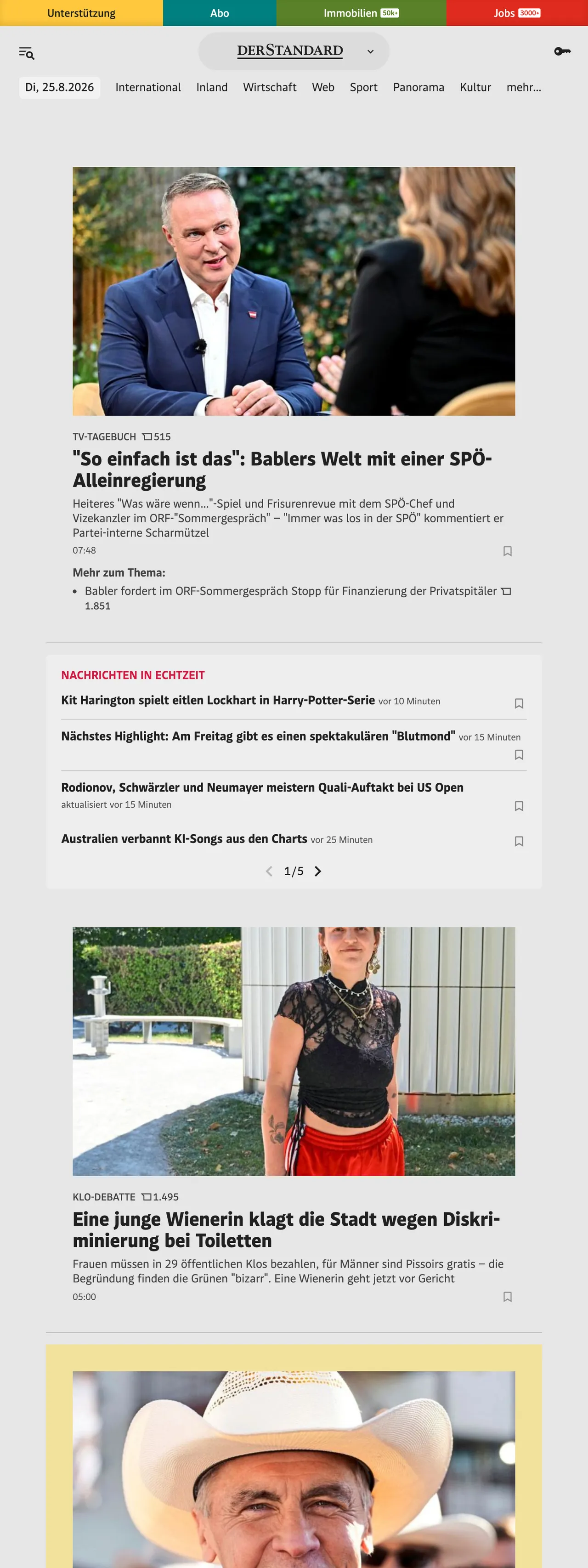 Screenshot of the DER STANDARD front page