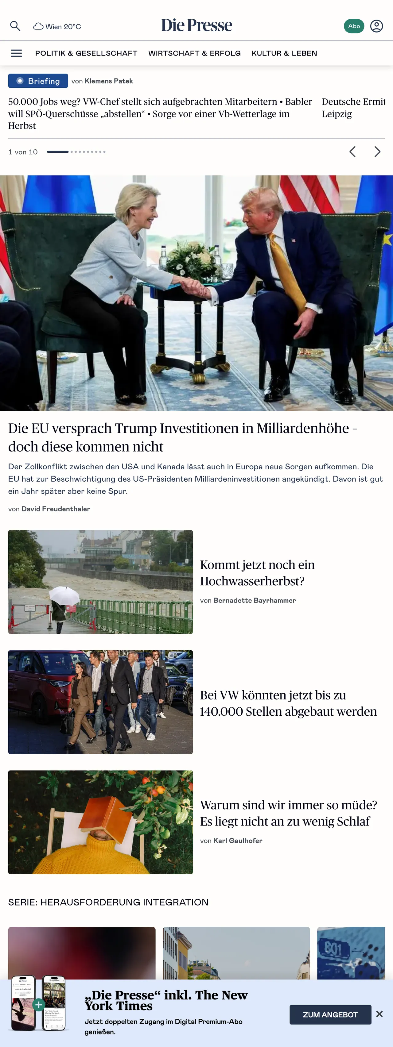 Screenshot of the Die Presse front page