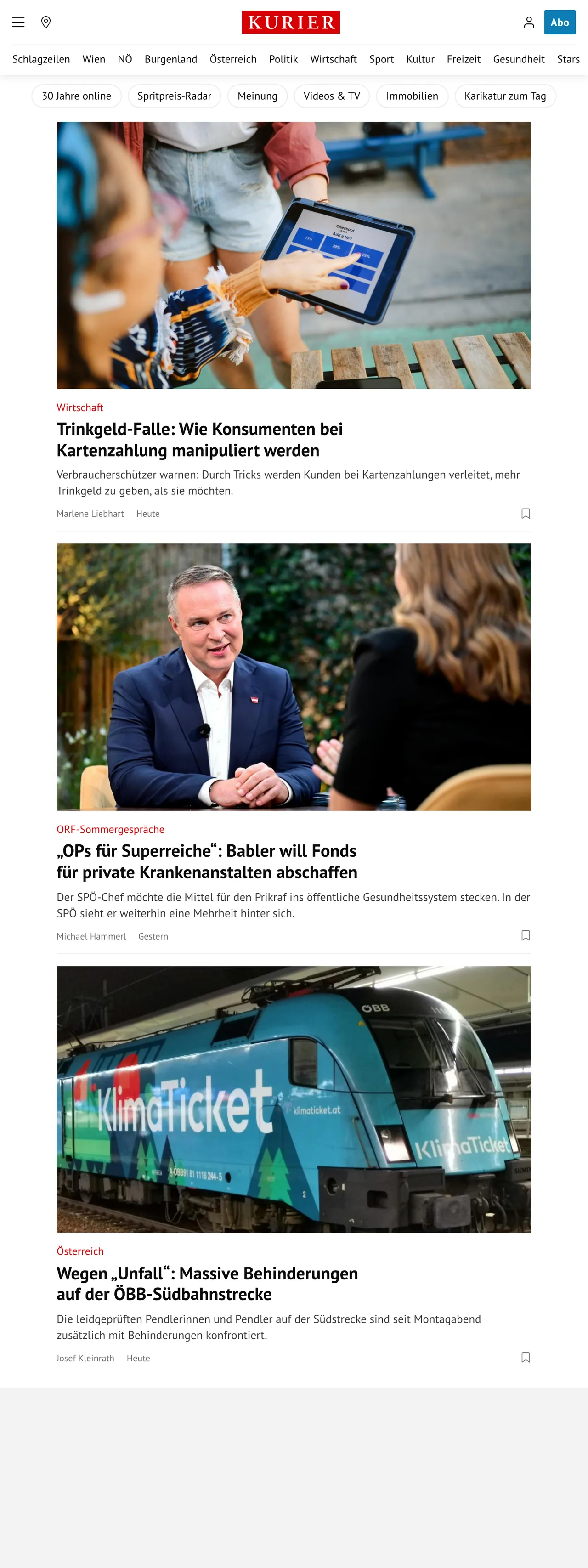 Screenshot of the Kurier front page