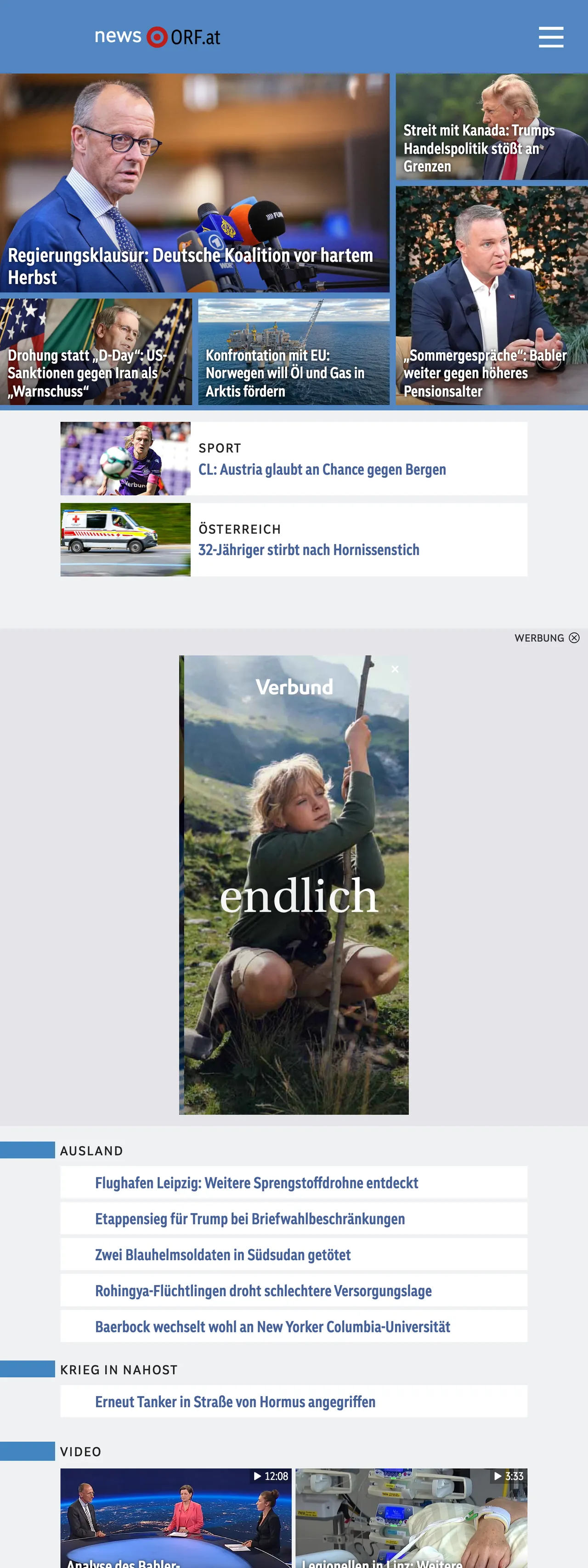 Screenshot of the ORF front page