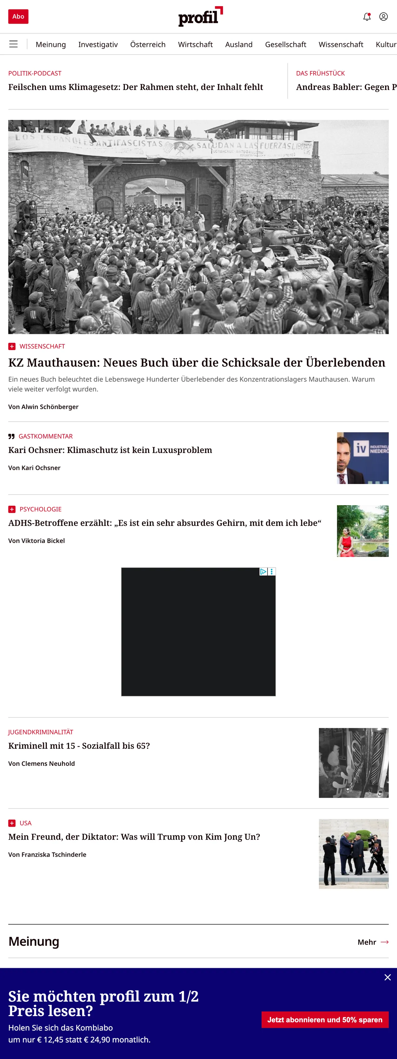 Screenshot of the profil front page