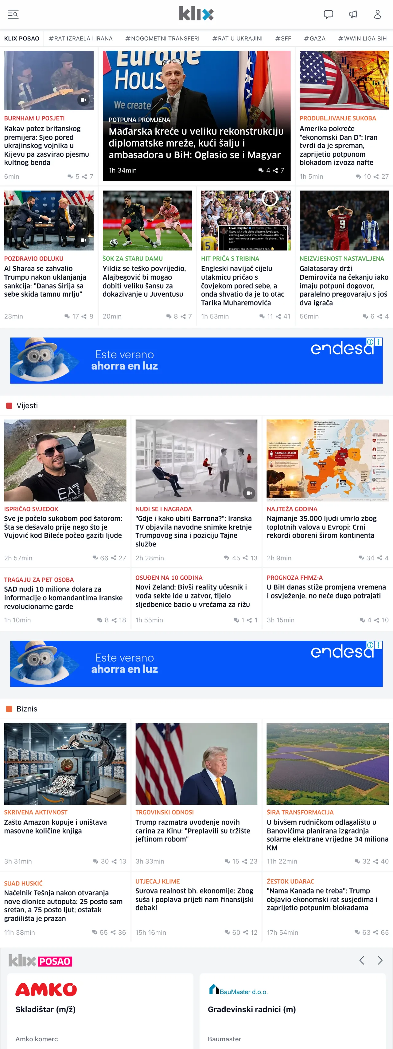 Screenshot of the Klix.ba front page