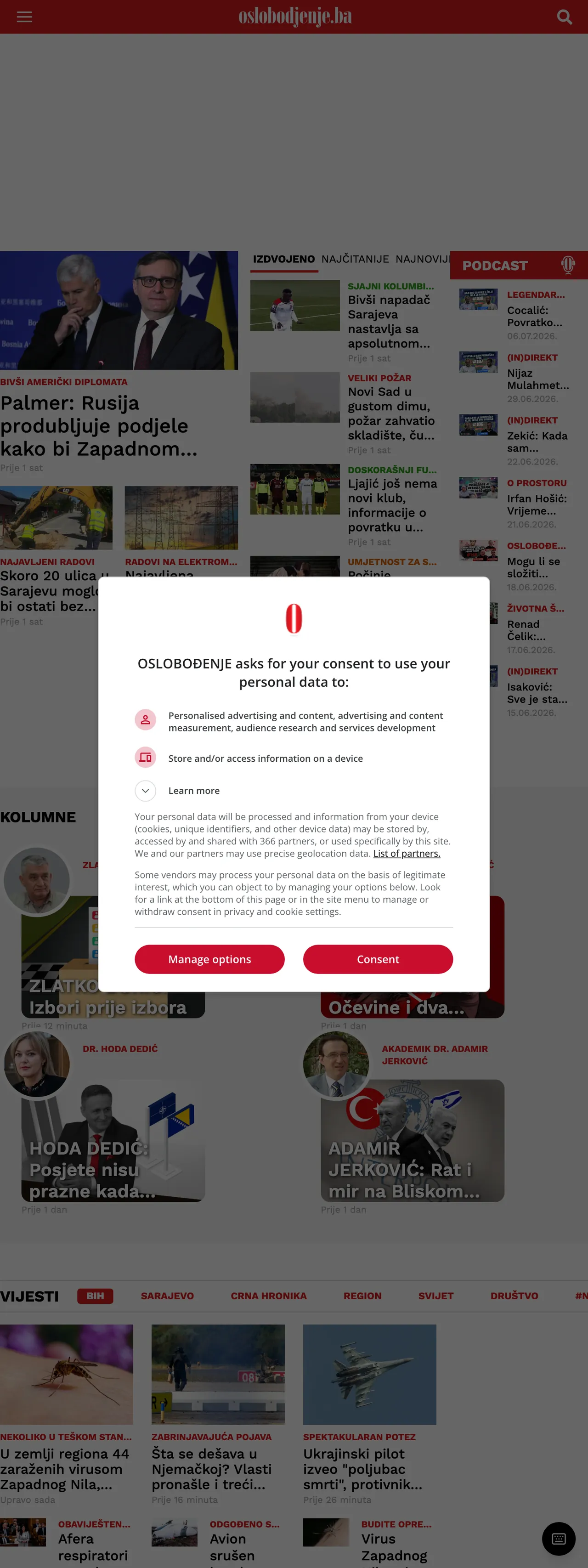 Screenshot of the Oslobođenje front page