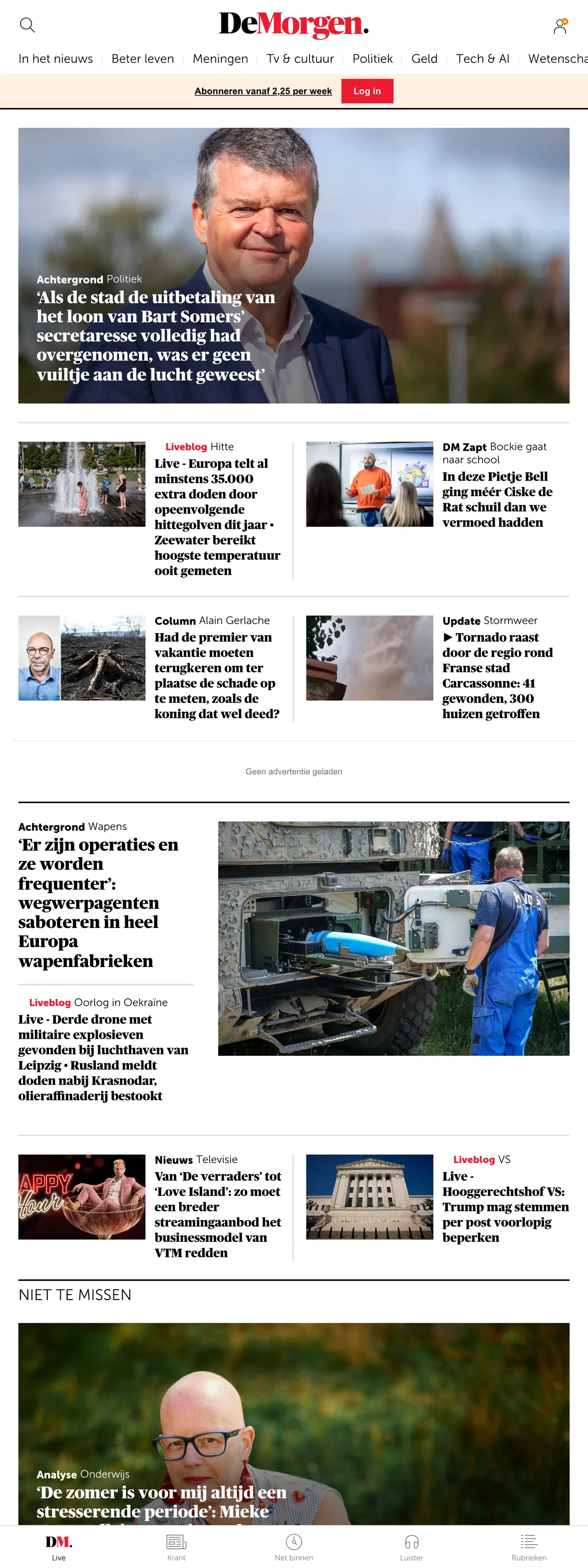 Screenshot of the De Morgen front page