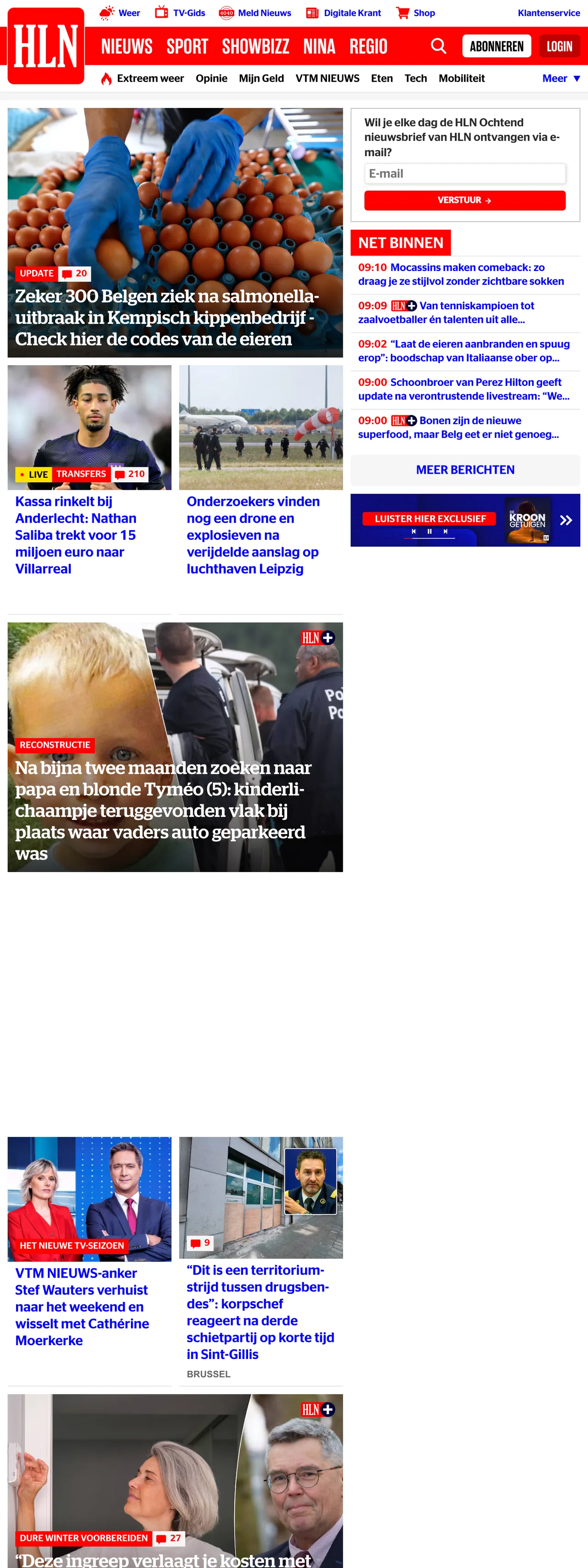 Screenshot of the HLN front page