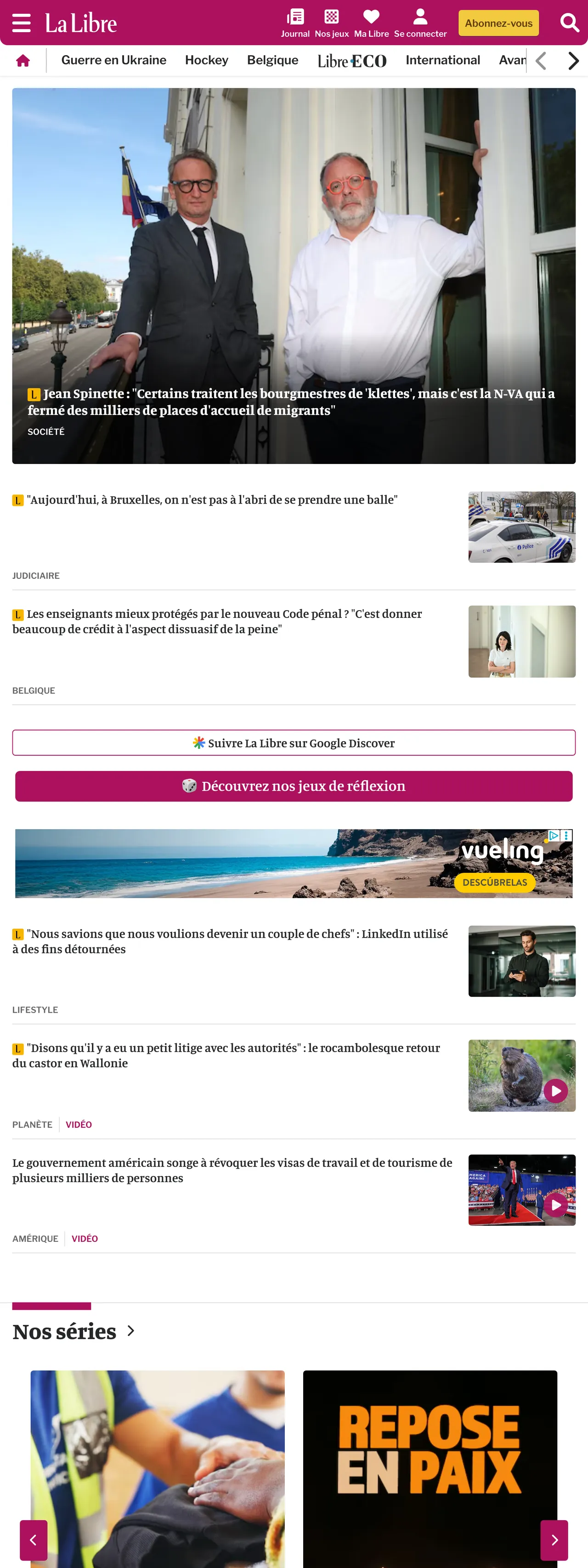 Screenshot of the La Libre front page