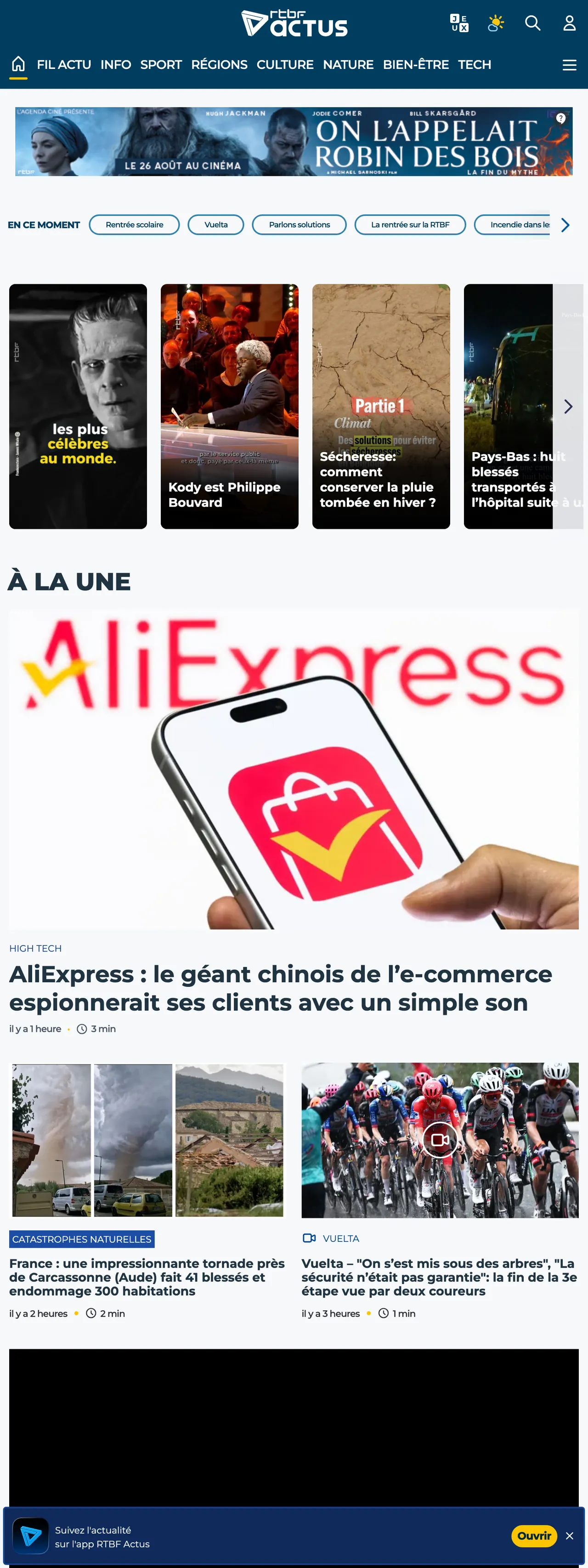 Screenshot of the RTBF front page