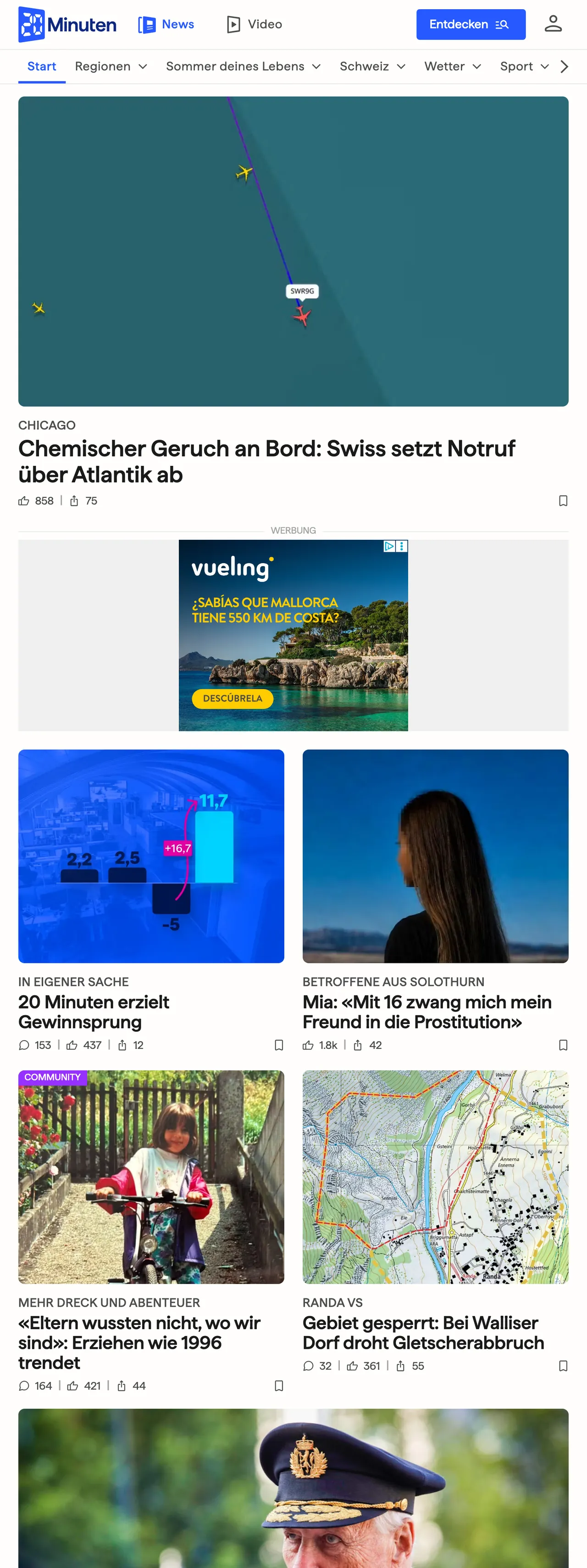 Screenshot of the 20 Minuten front page