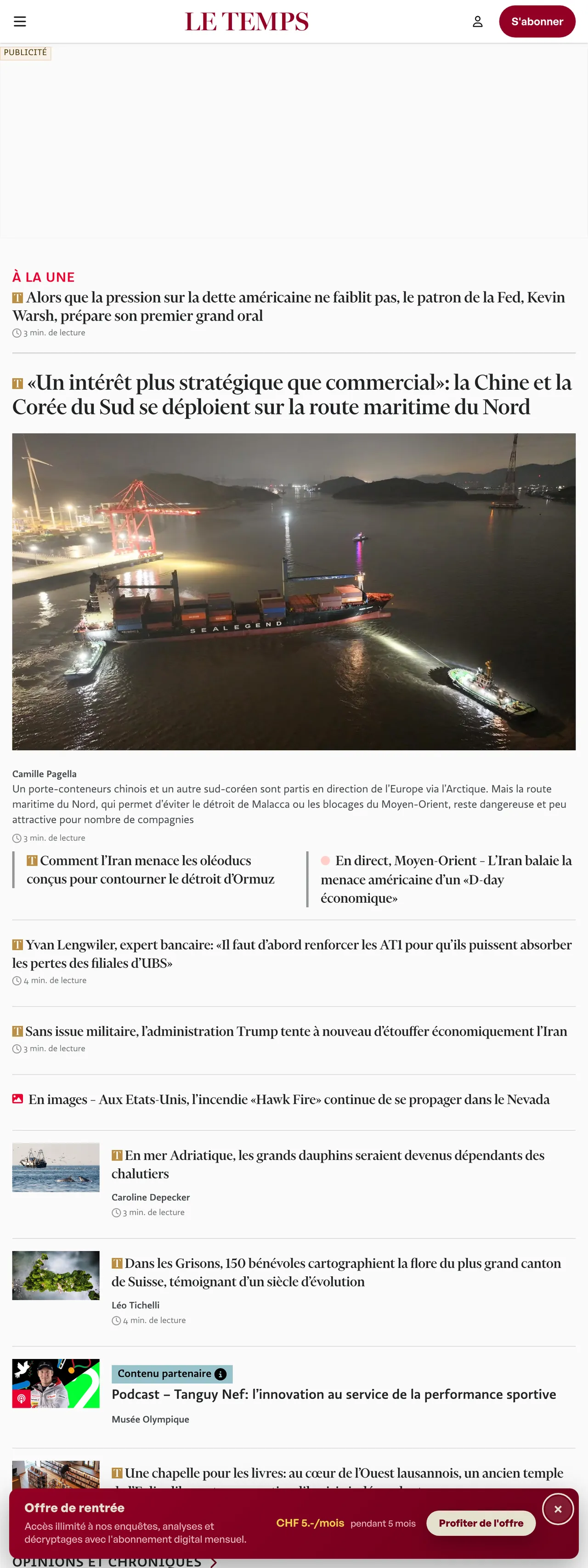 Screenshot of the Le Temps front page