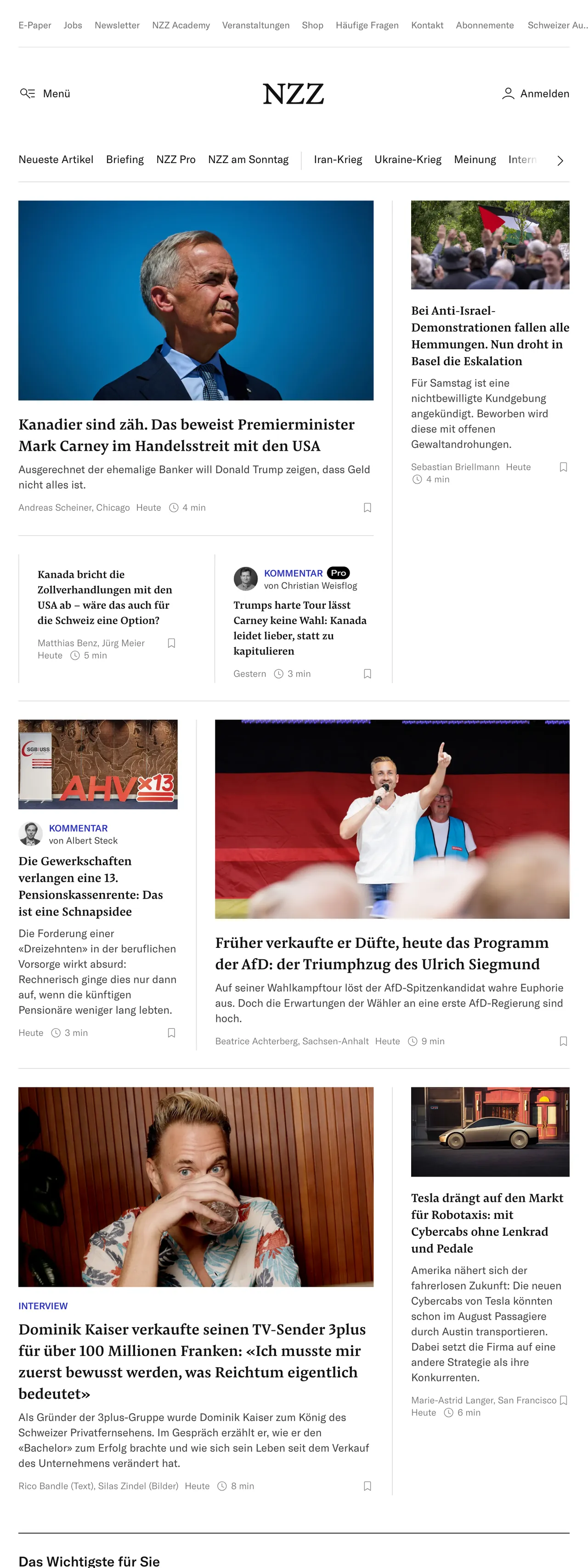 Screenshot of the Neue Zürcher Zeitung front page