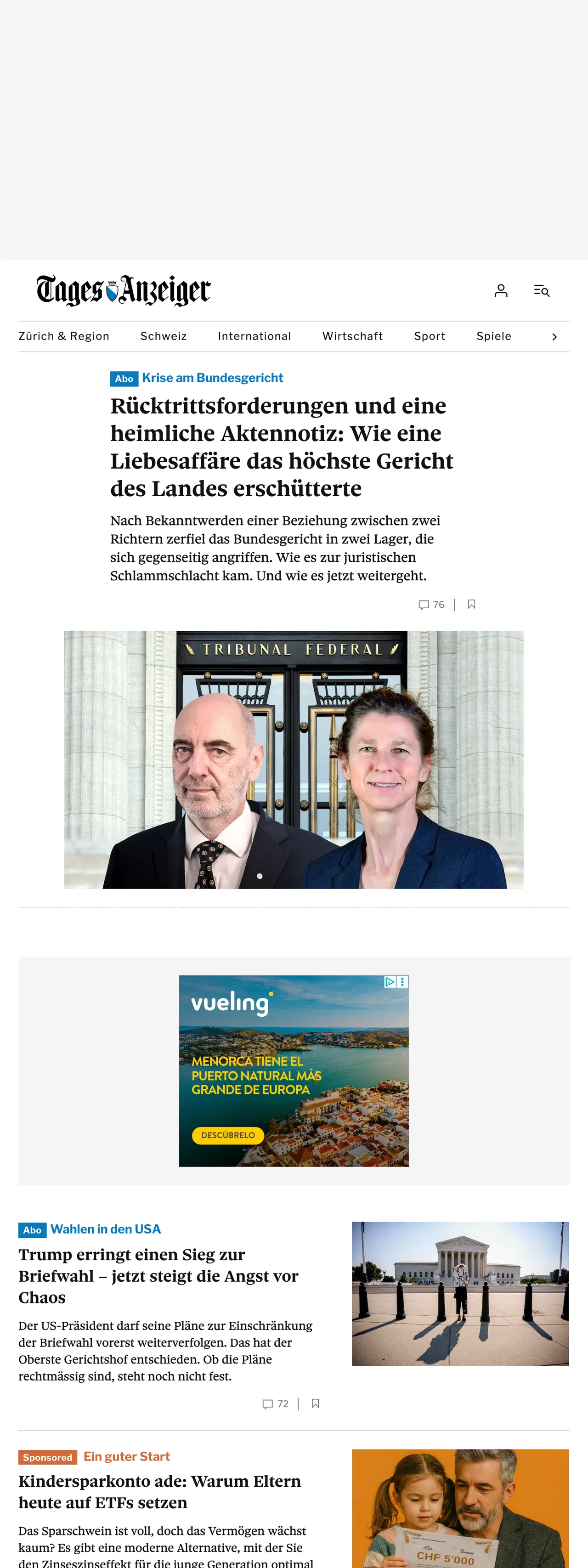 Screenshot of the Tages-Anzeiger front page