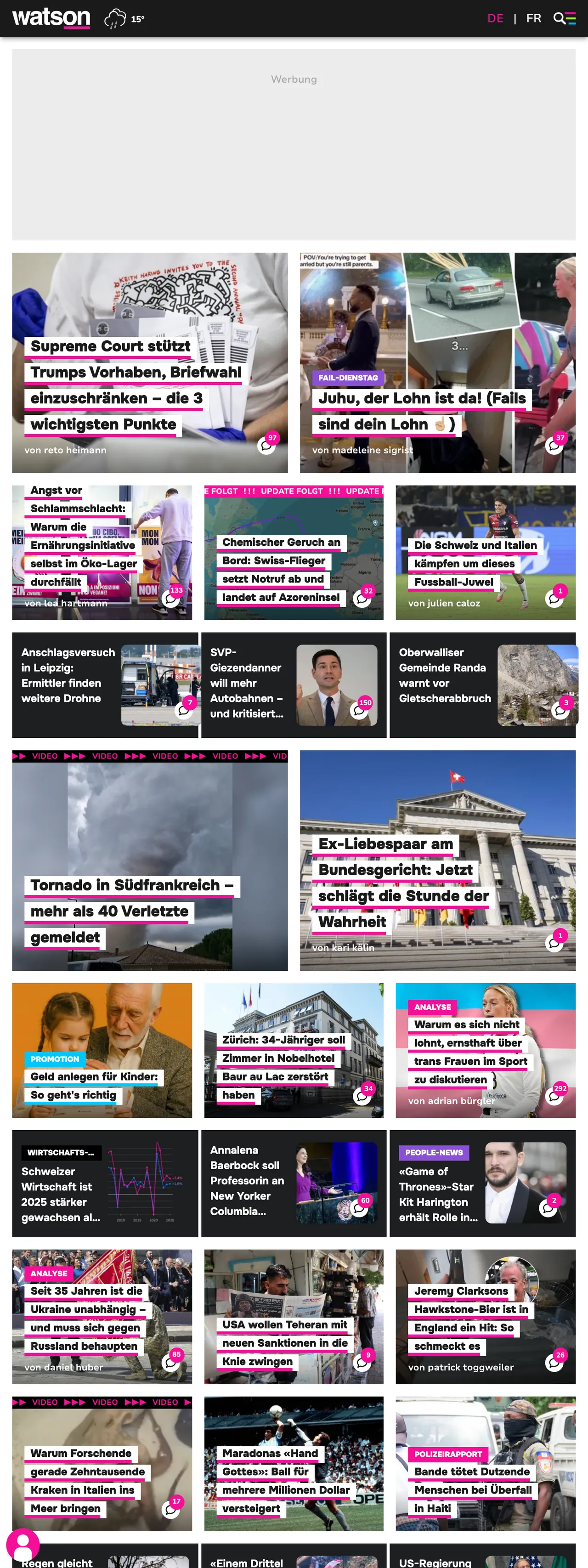 Screenshot of the watson front page