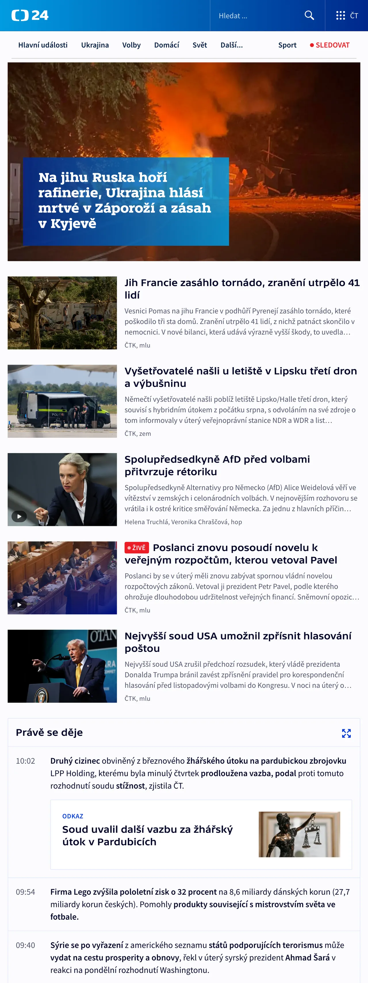Screenshot of the ČT24 front page