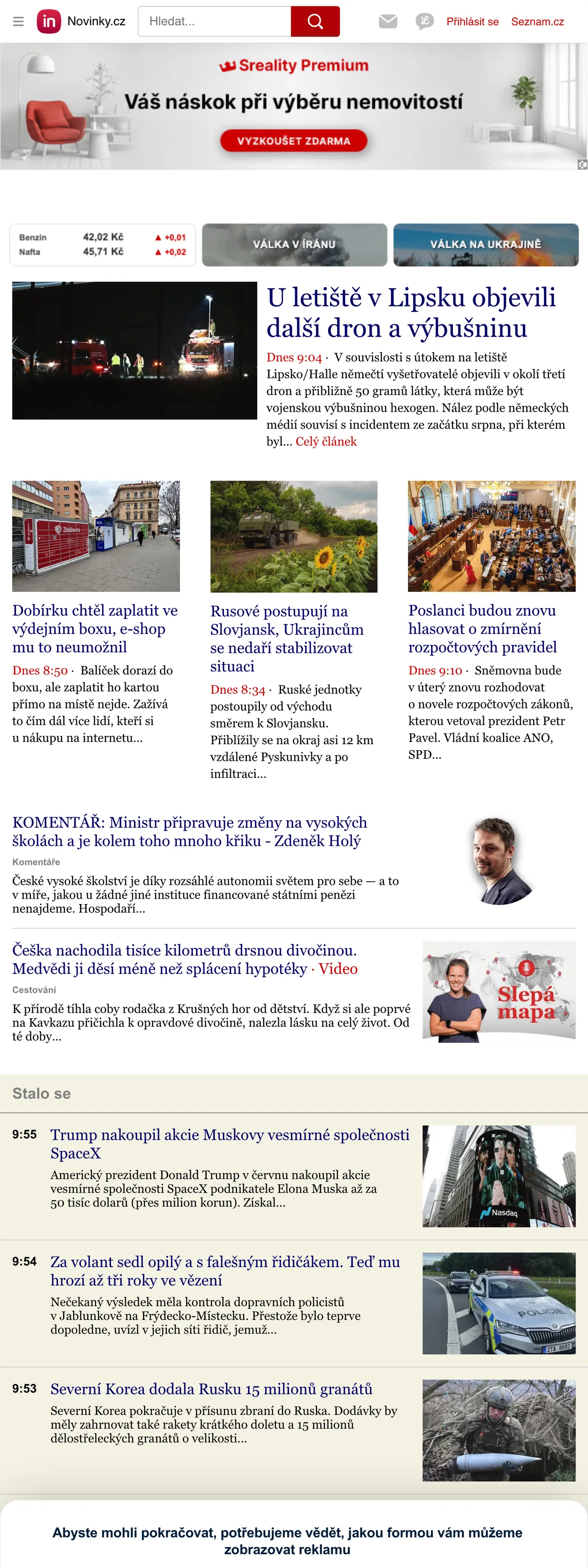 Screenshot of the Novinky.cz front page