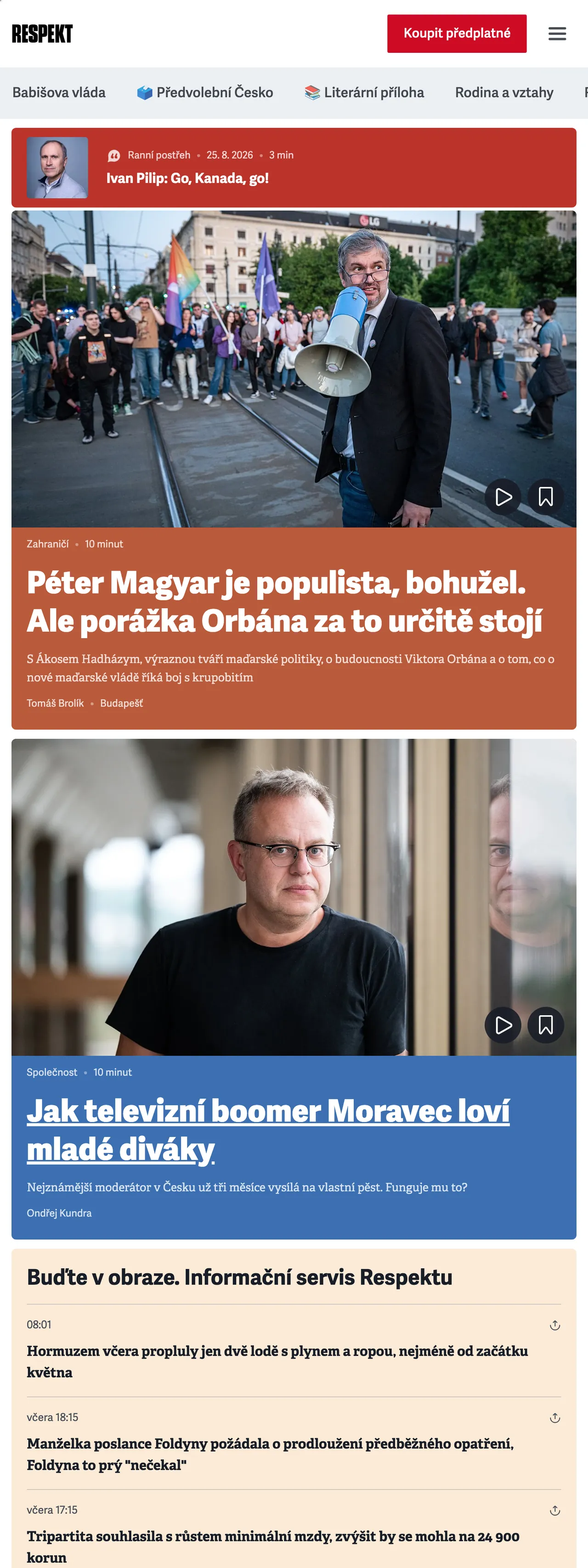 Screenshot of the Respekt front page