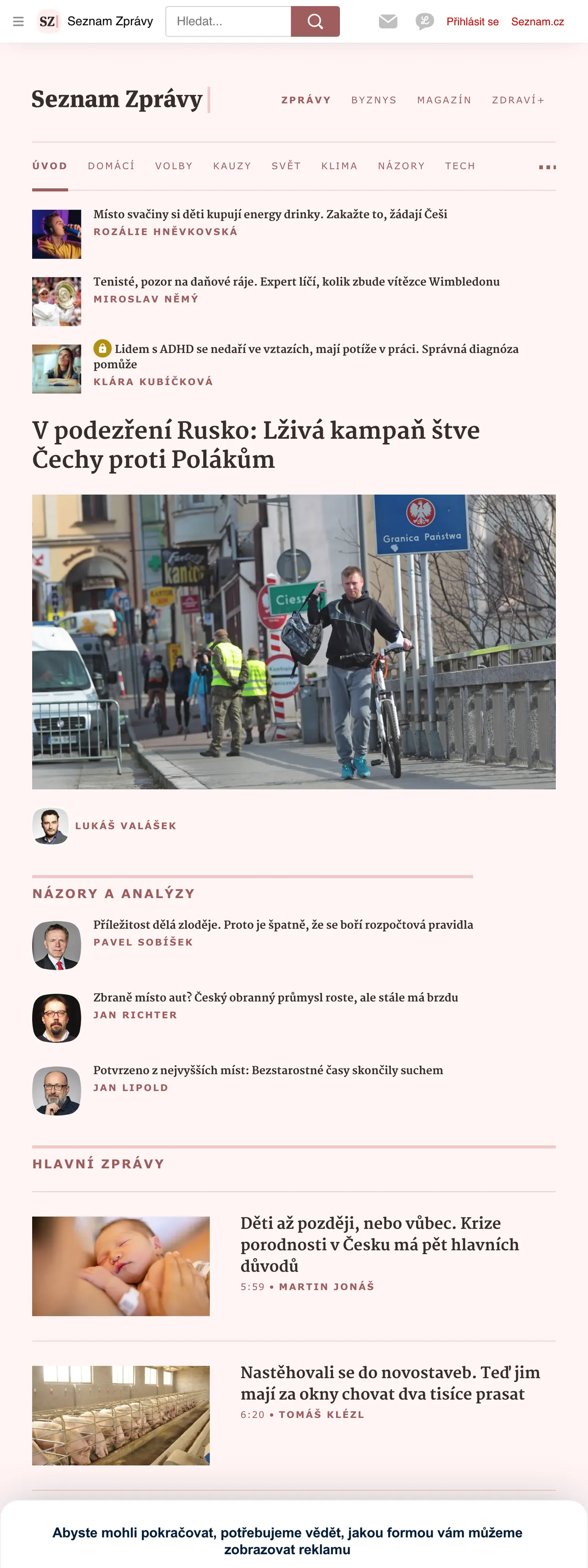 Screenshot of the Seznam Zprávy front page