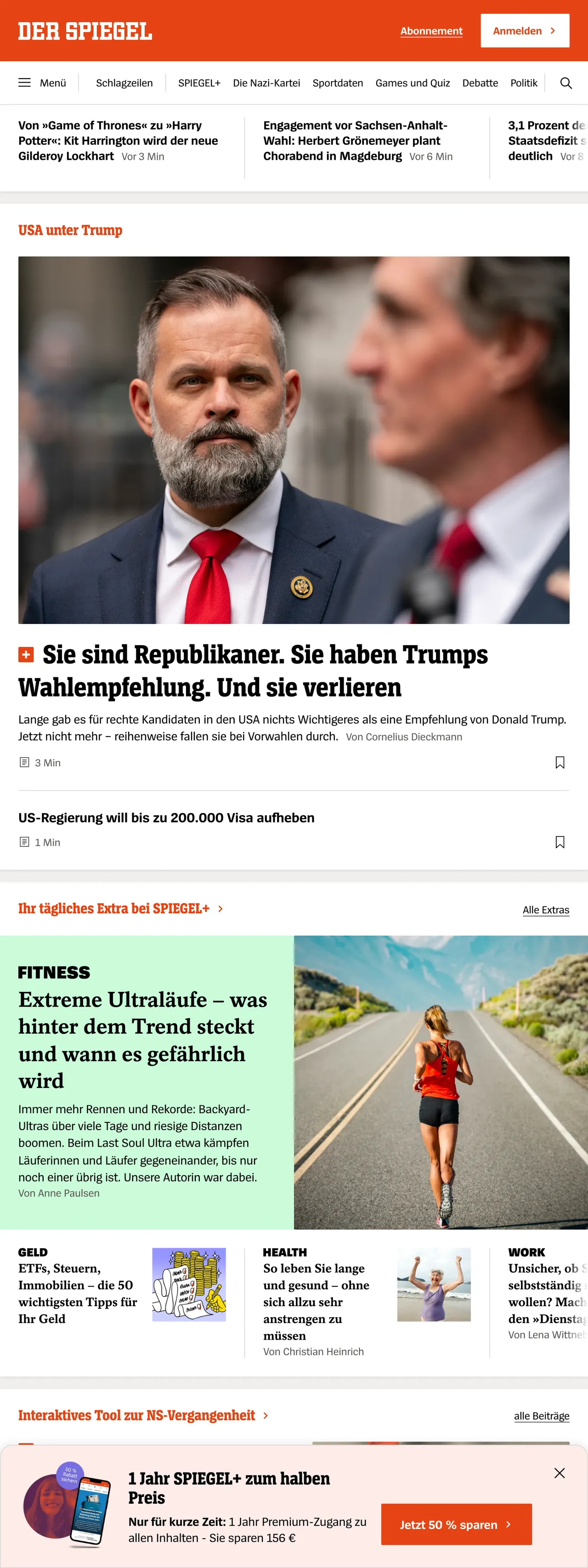 Screenshot of the DER SPIEGEL front page