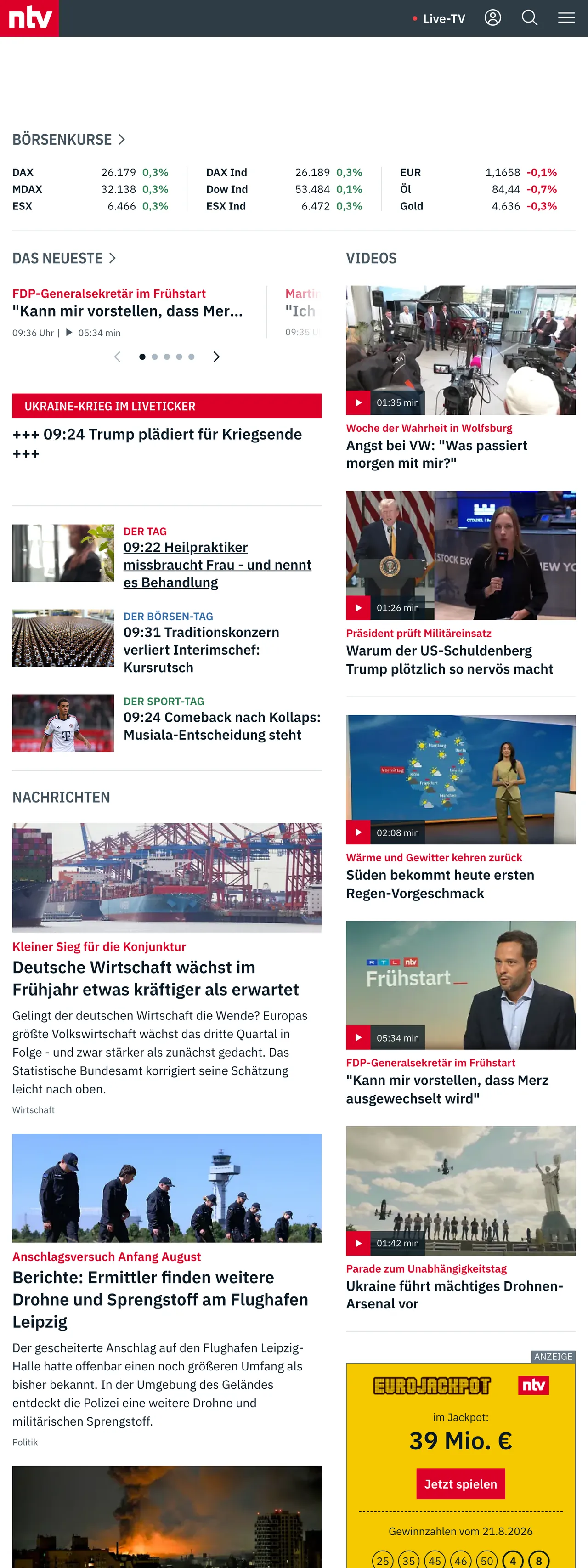 Screenshot of the n-tv front page