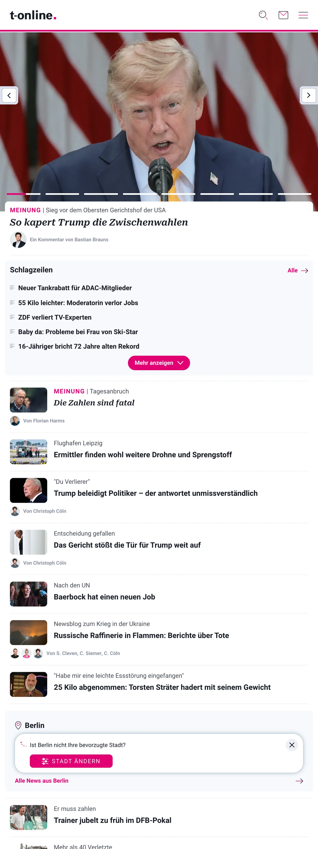 Screenshot of the t-online front page