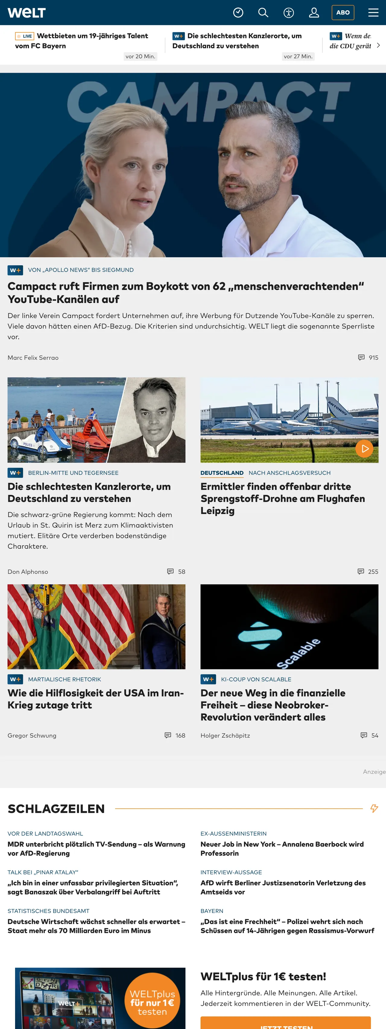 Screenshot of the WELT front page