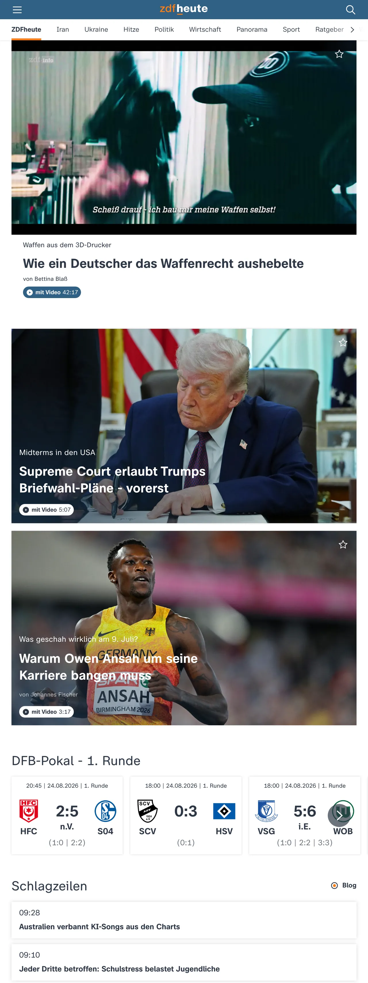 Screenshot of the ZDFheute front page