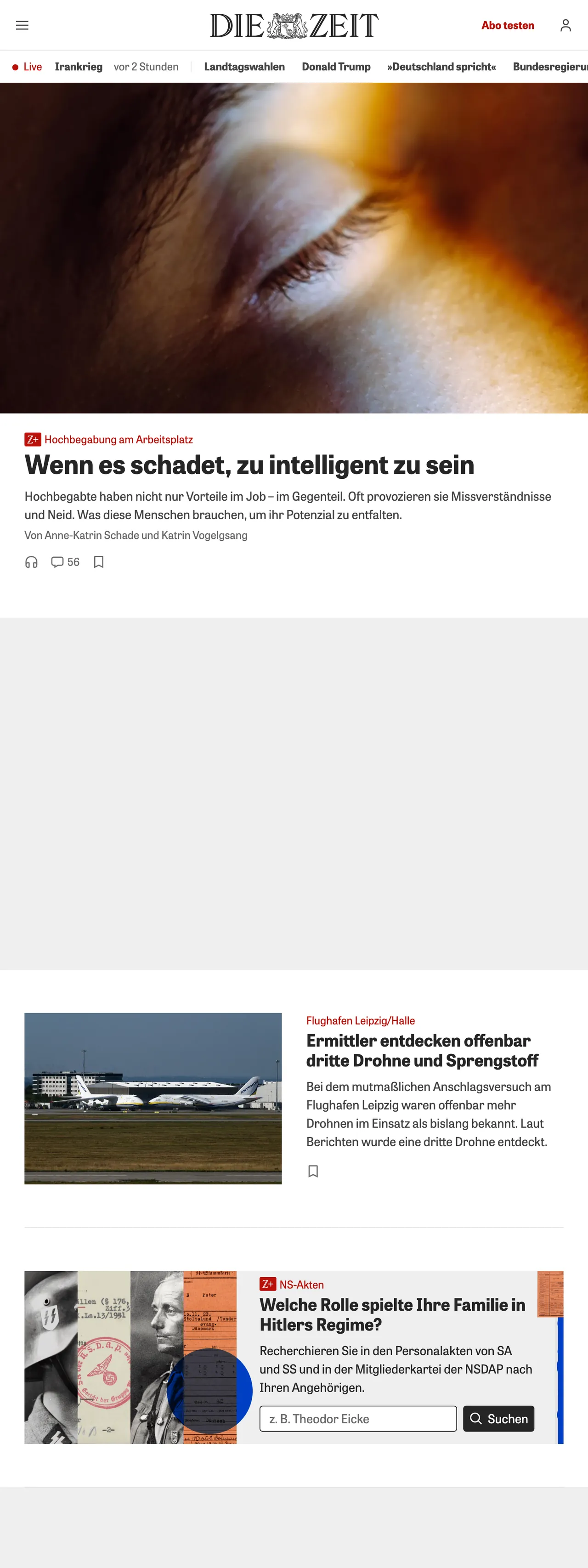 Screenshot of the ZEIT ONLINE front page