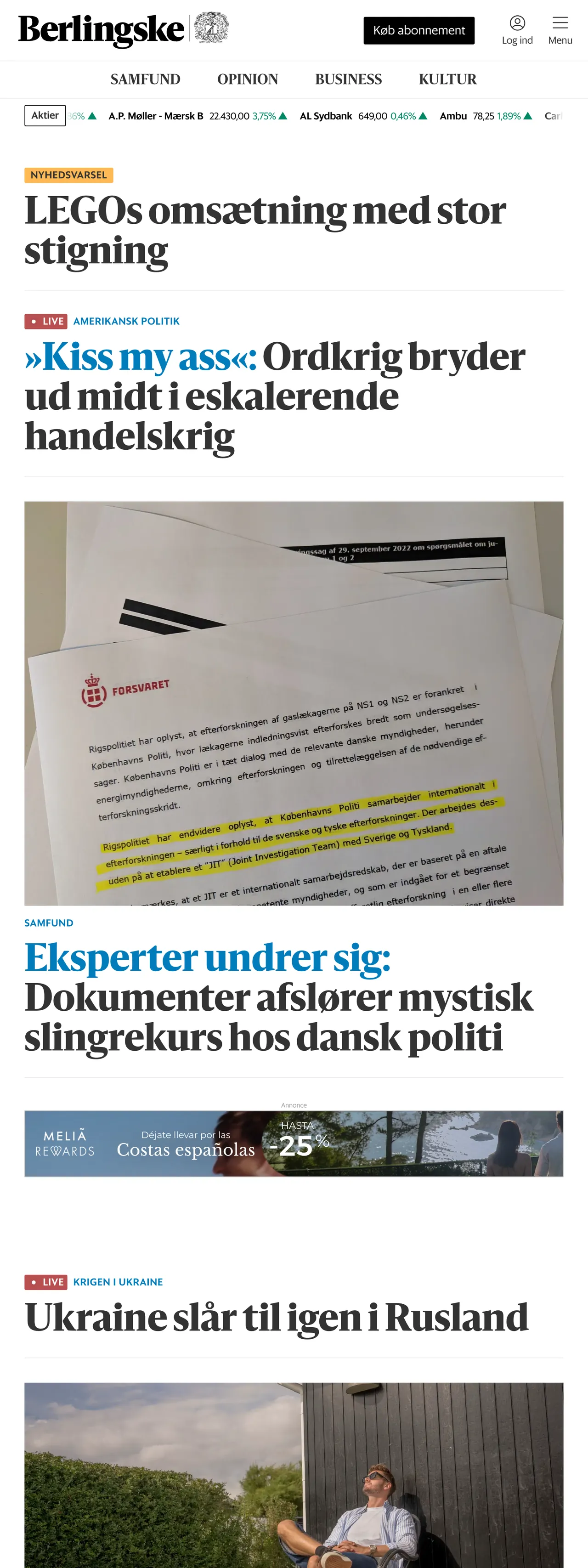 Screenshot of the Berlingske front page