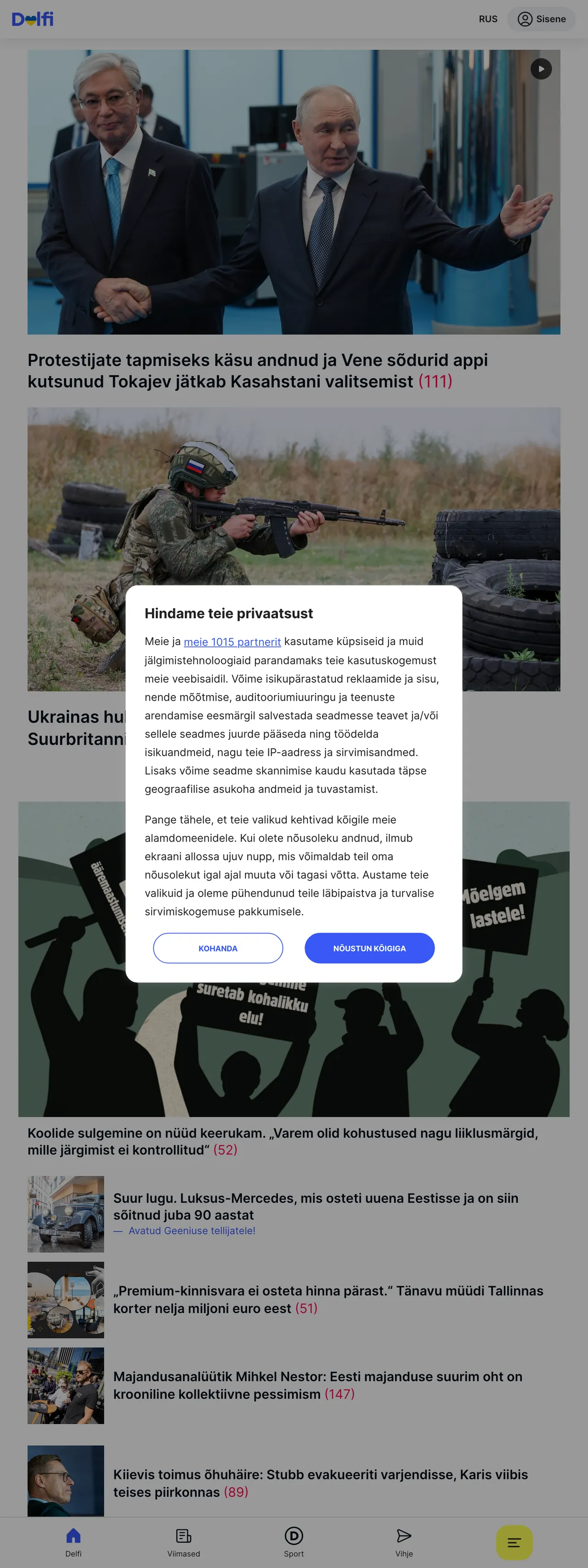 Screenshot of the Delfi front page