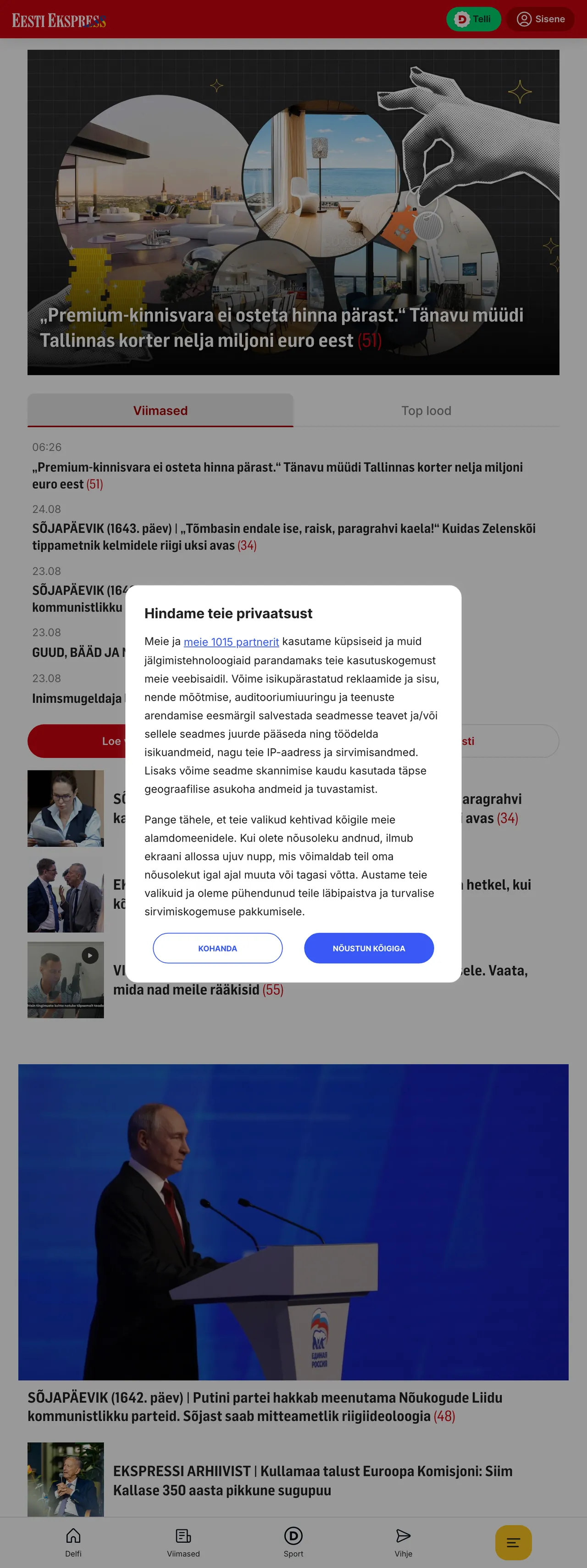 Screenshot of the Eesti Ekspress front page