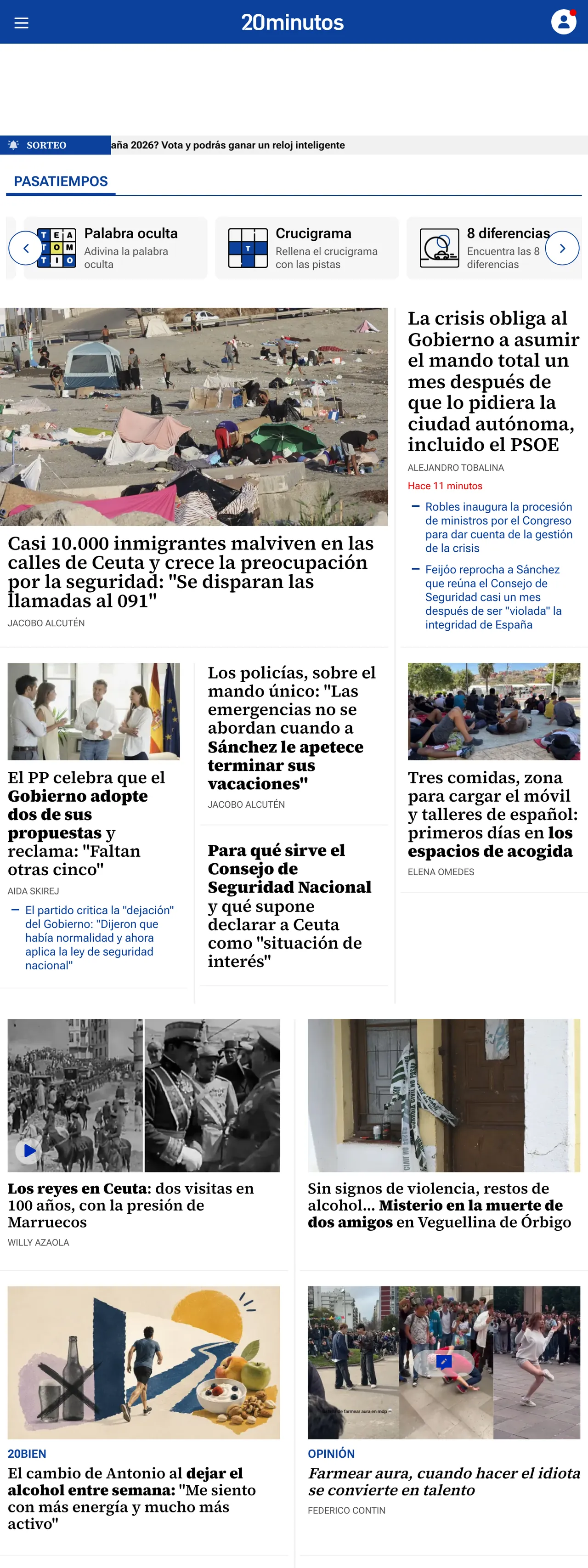Screenshot of the 20minutos front page