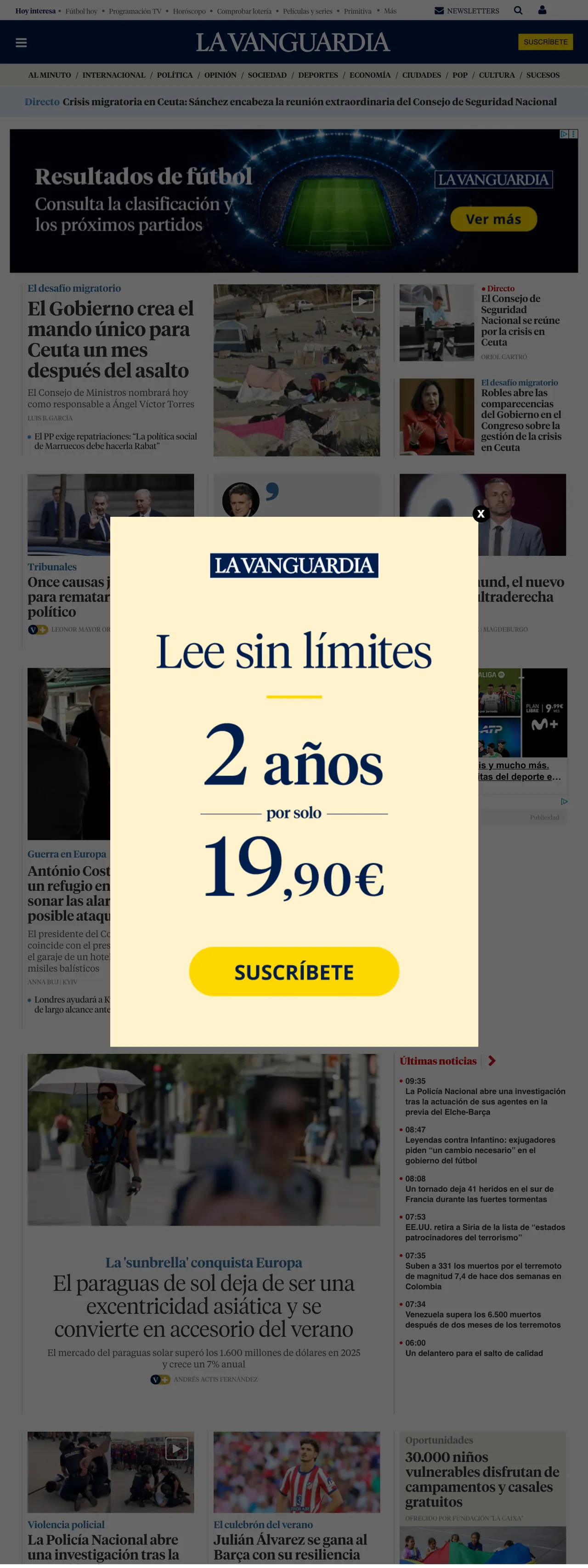 Screenshot of the La Vanguardia front page