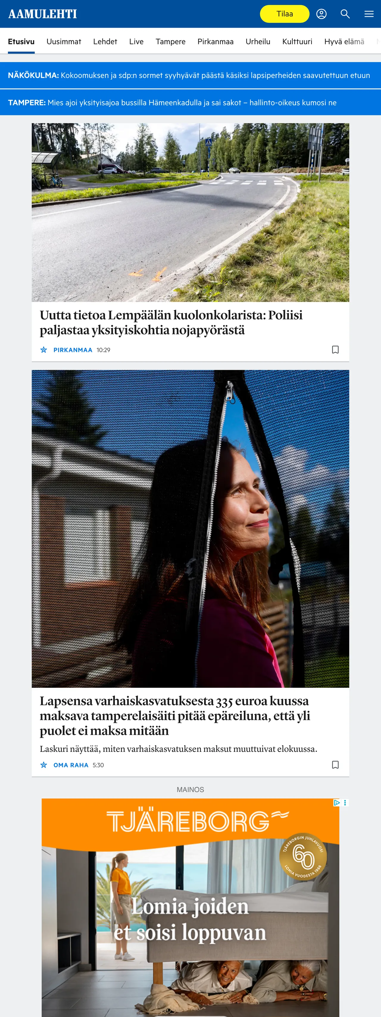 Screenshot of the Aamulehti front page