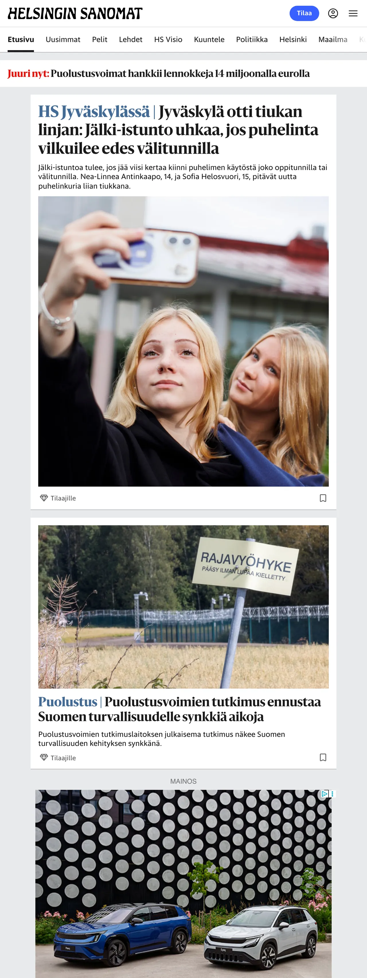 Screenshot of the Helsingin Sanomat front page