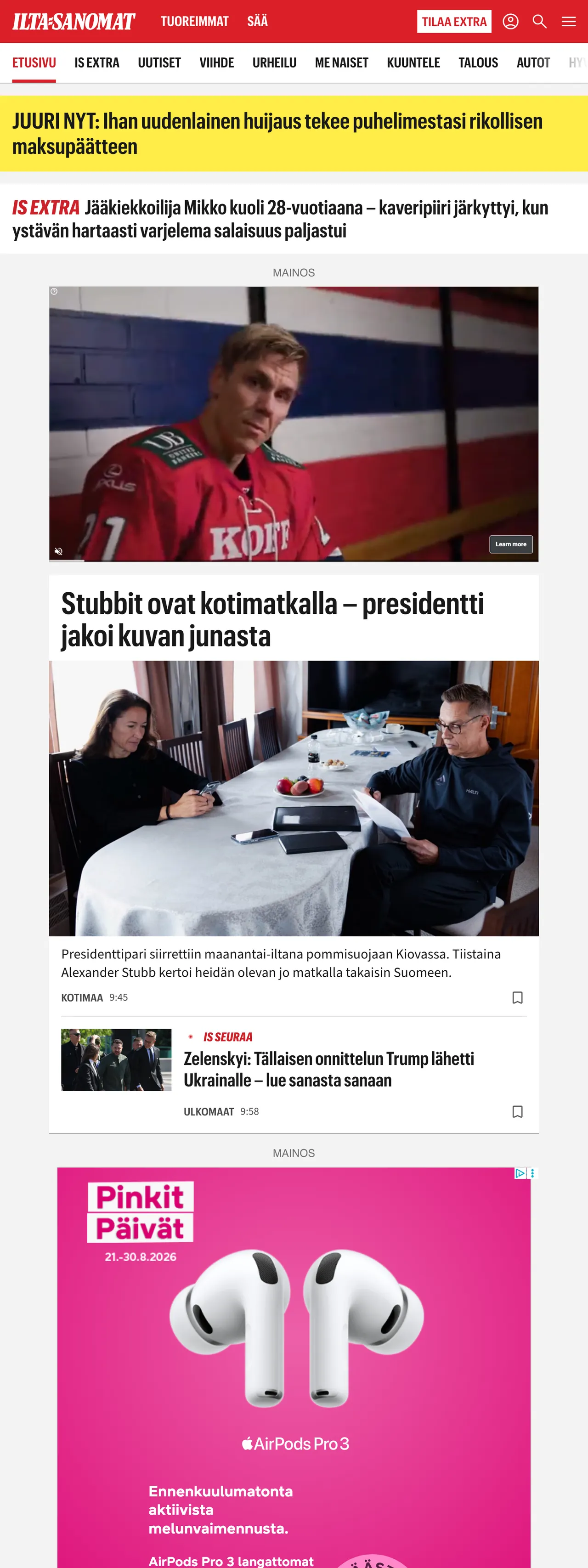 Screenshot of the Ilta-Sanomat front page