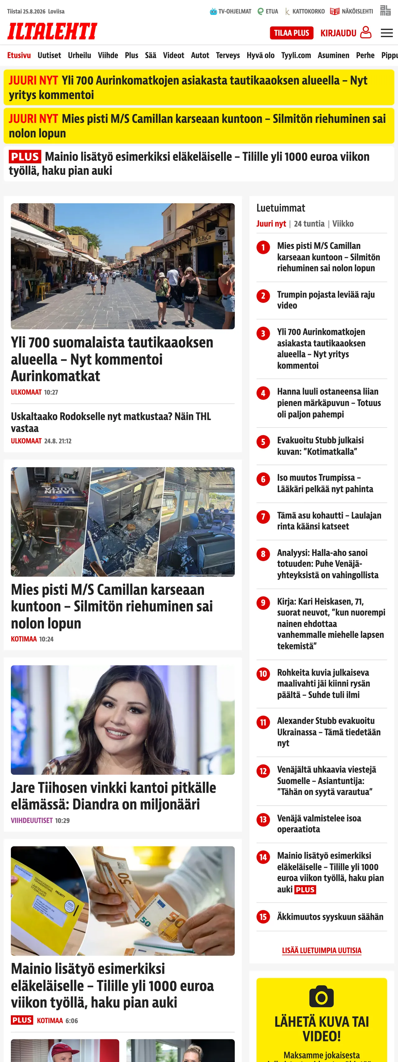 Screenshot of the Iltalehti front page