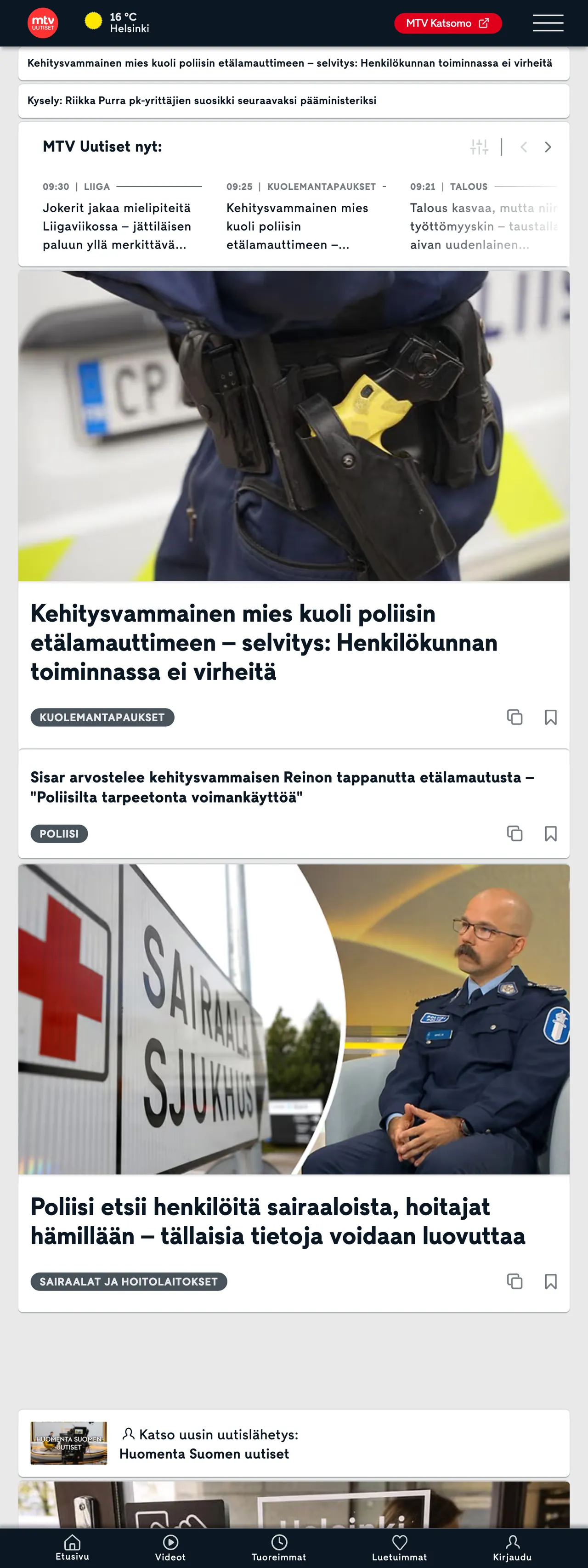 Screenshot of the MTV Uutiset front page