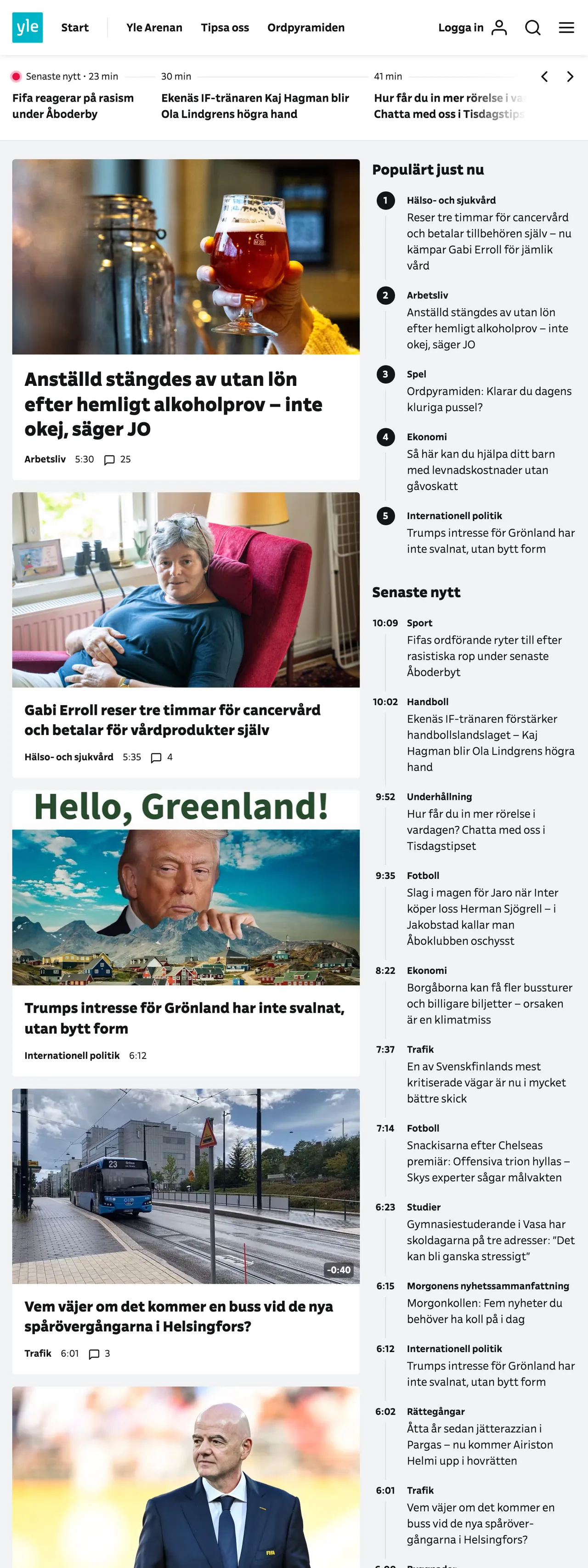 Screenshot of the Svenska Yle front page