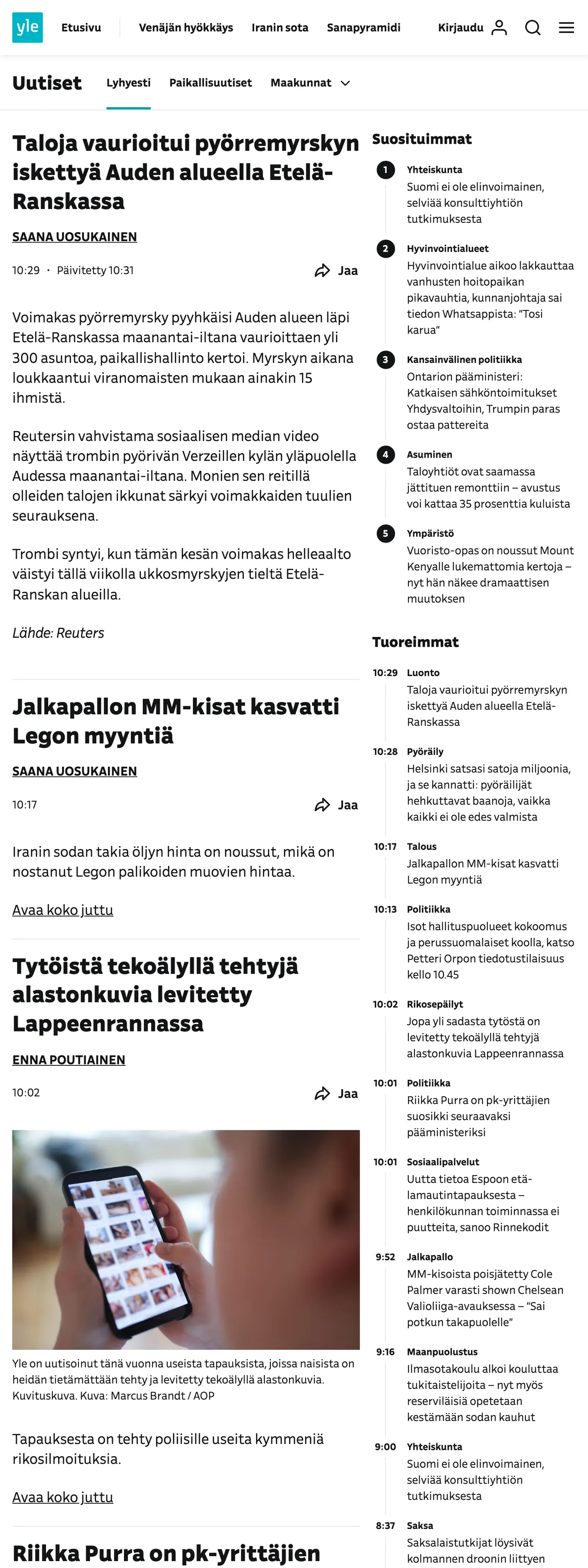 Screenshot of the Yle front page