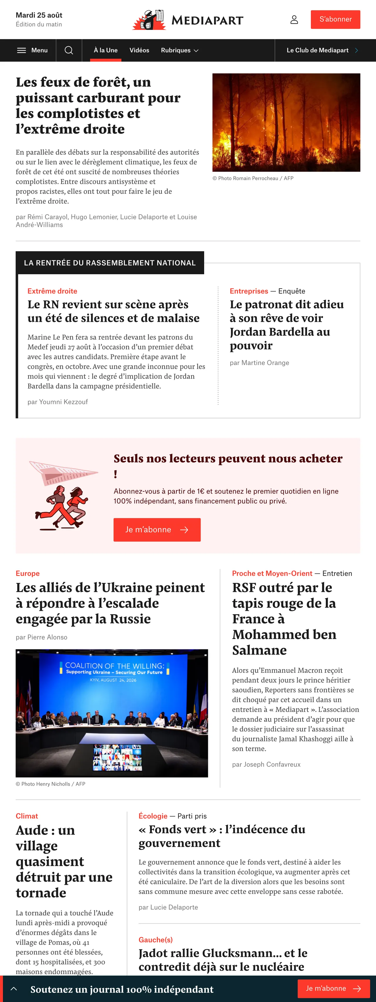 Screenshot of the Mediapart front page