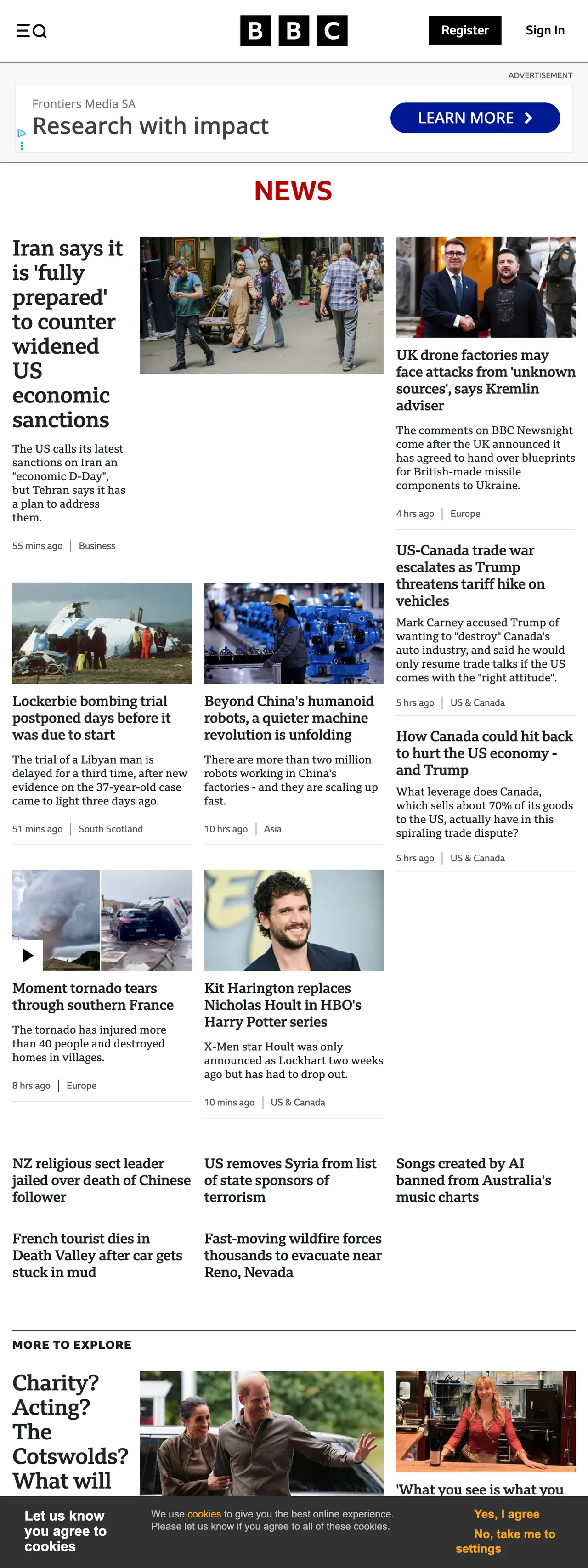Screenshot of the BBC News front page