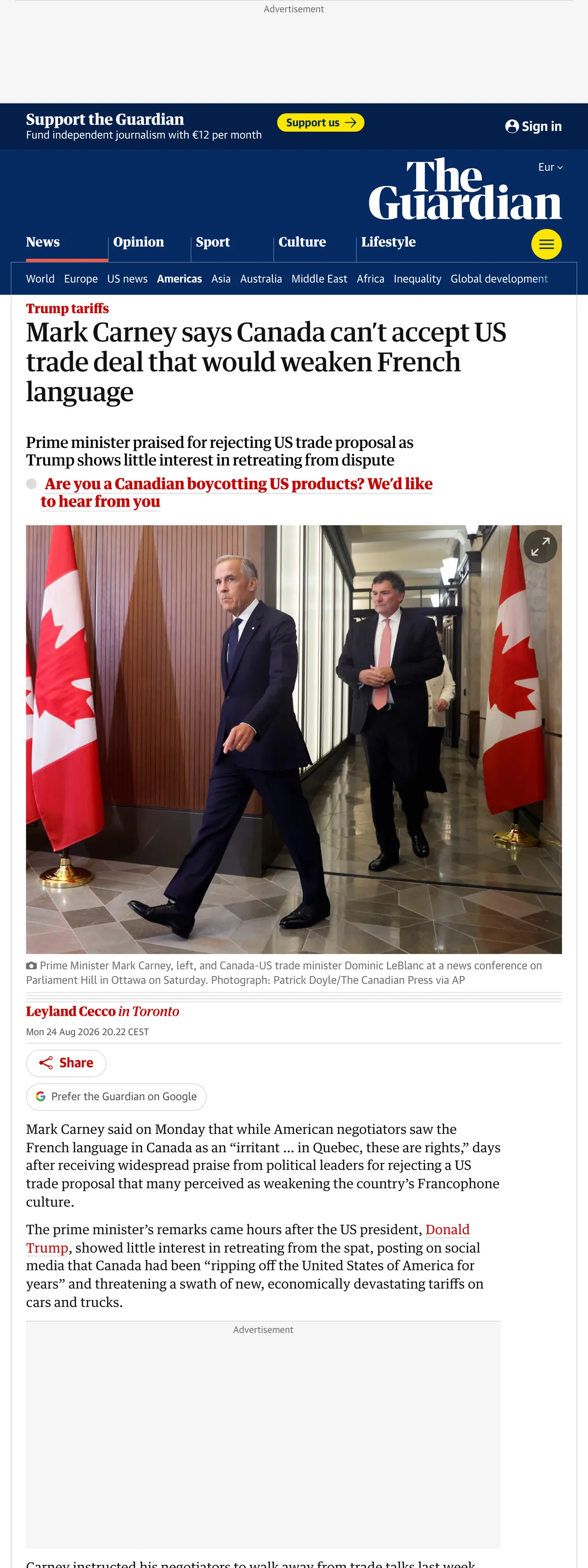 Screenshot of the The Guardian front page