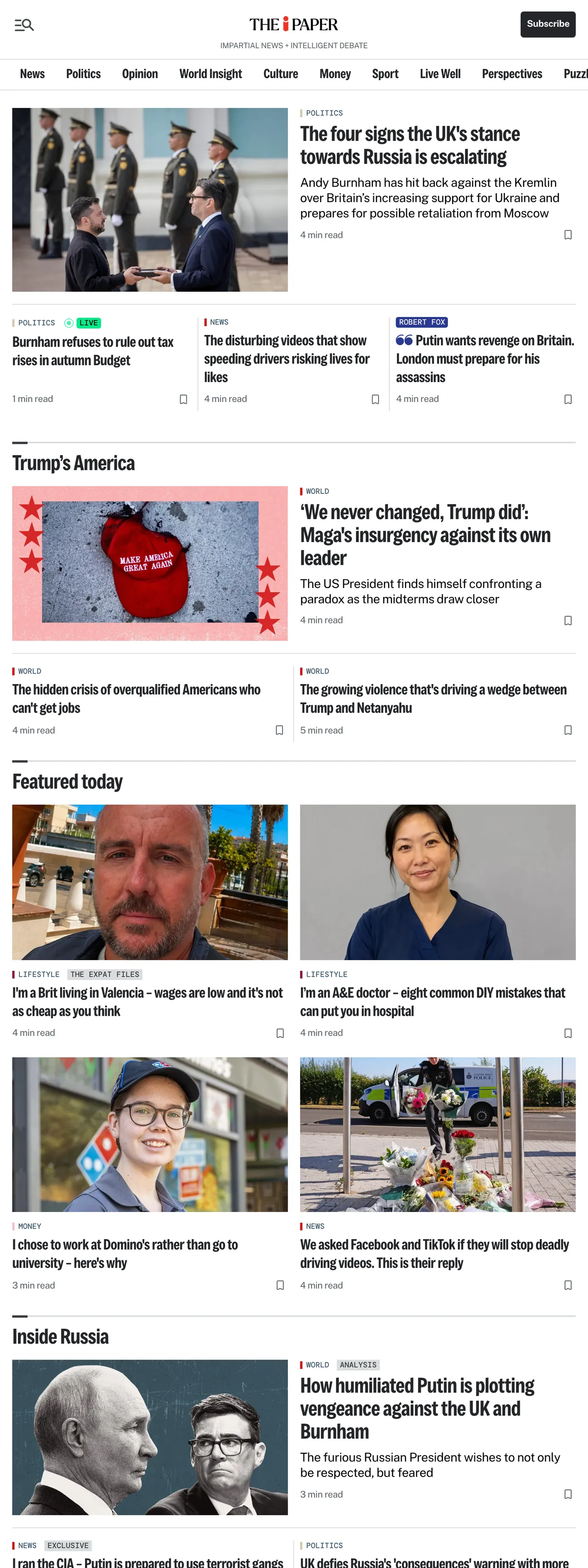 Screenshot of the The i Paper front page