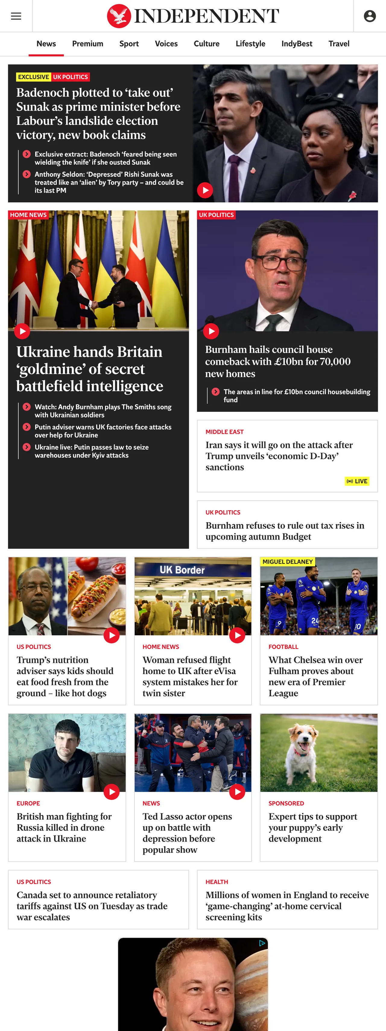 Screenshot of the The Independent front page