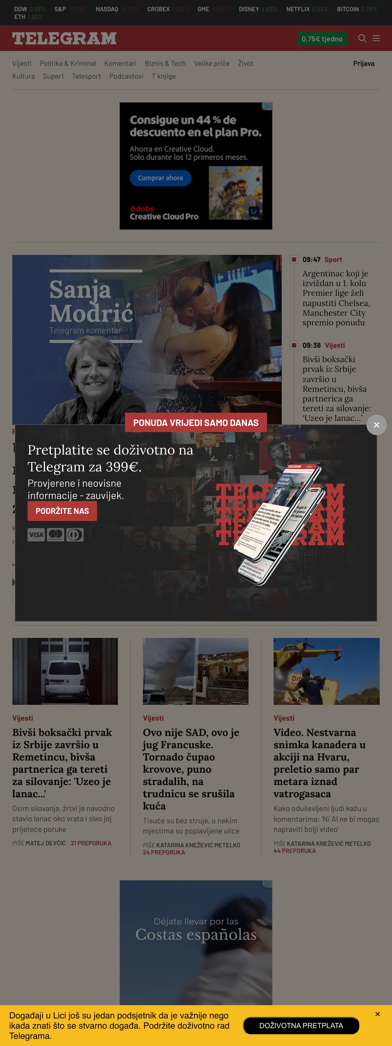 Screenshot of the Telegram.hr front page