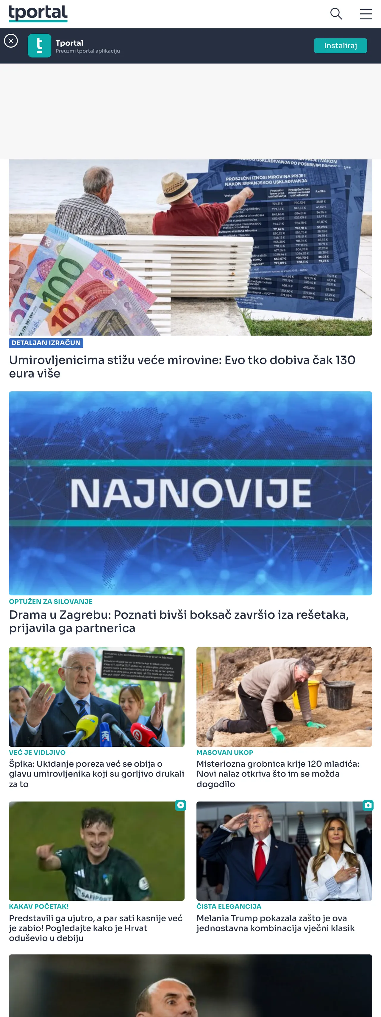 Screenshot of the tportal front page