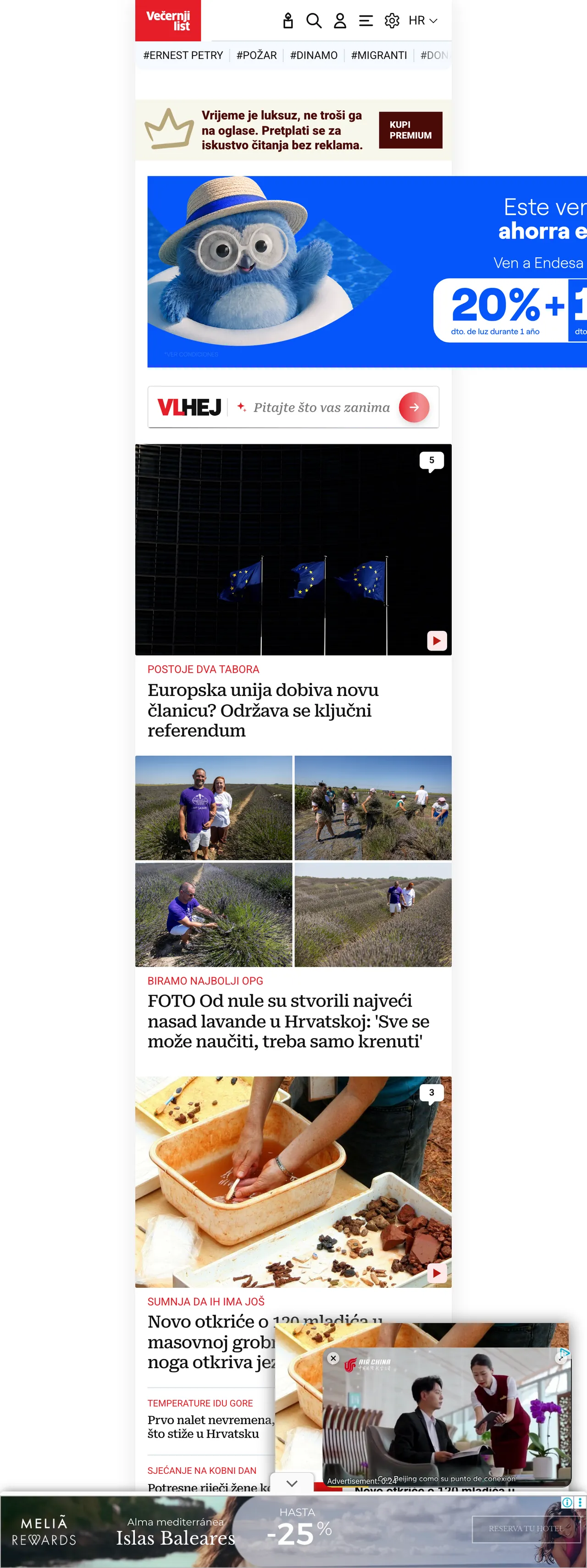 Screenshot of the Večernji list front page
